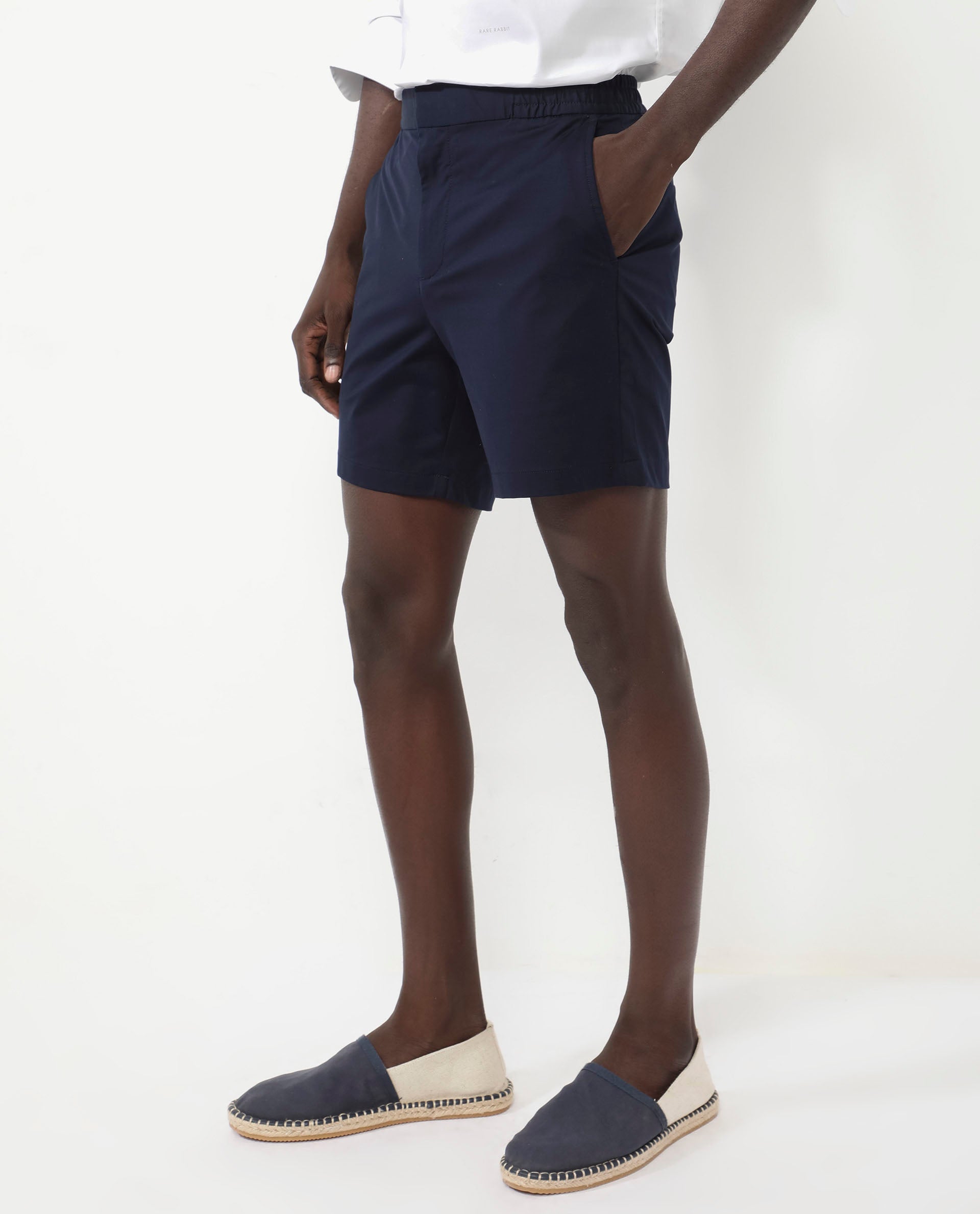 Rare Rabbit Mens Myka Navy Cotton Elastane Fabric Button And Zip Closure Relaxed Fit Solid Shorts