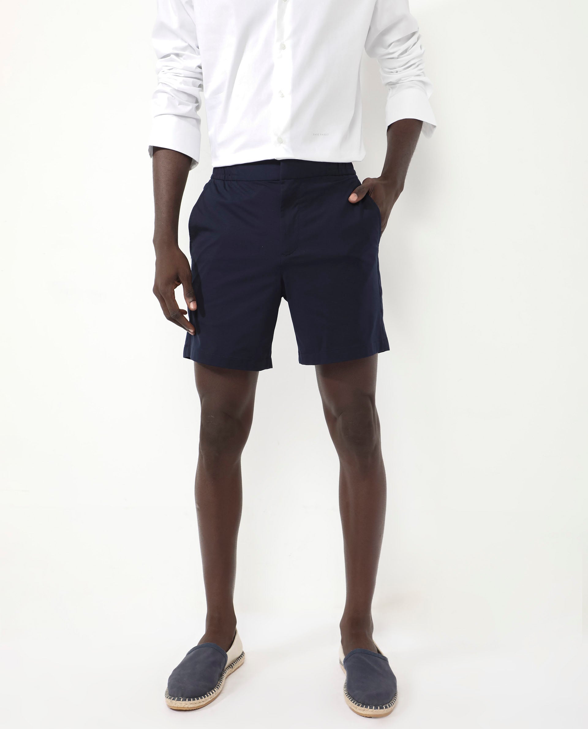 Rare Rabbit Mens Myka Navy Cotton Elastane Fabric Button And Zip Closure Relaxed Fit Solid Shorts