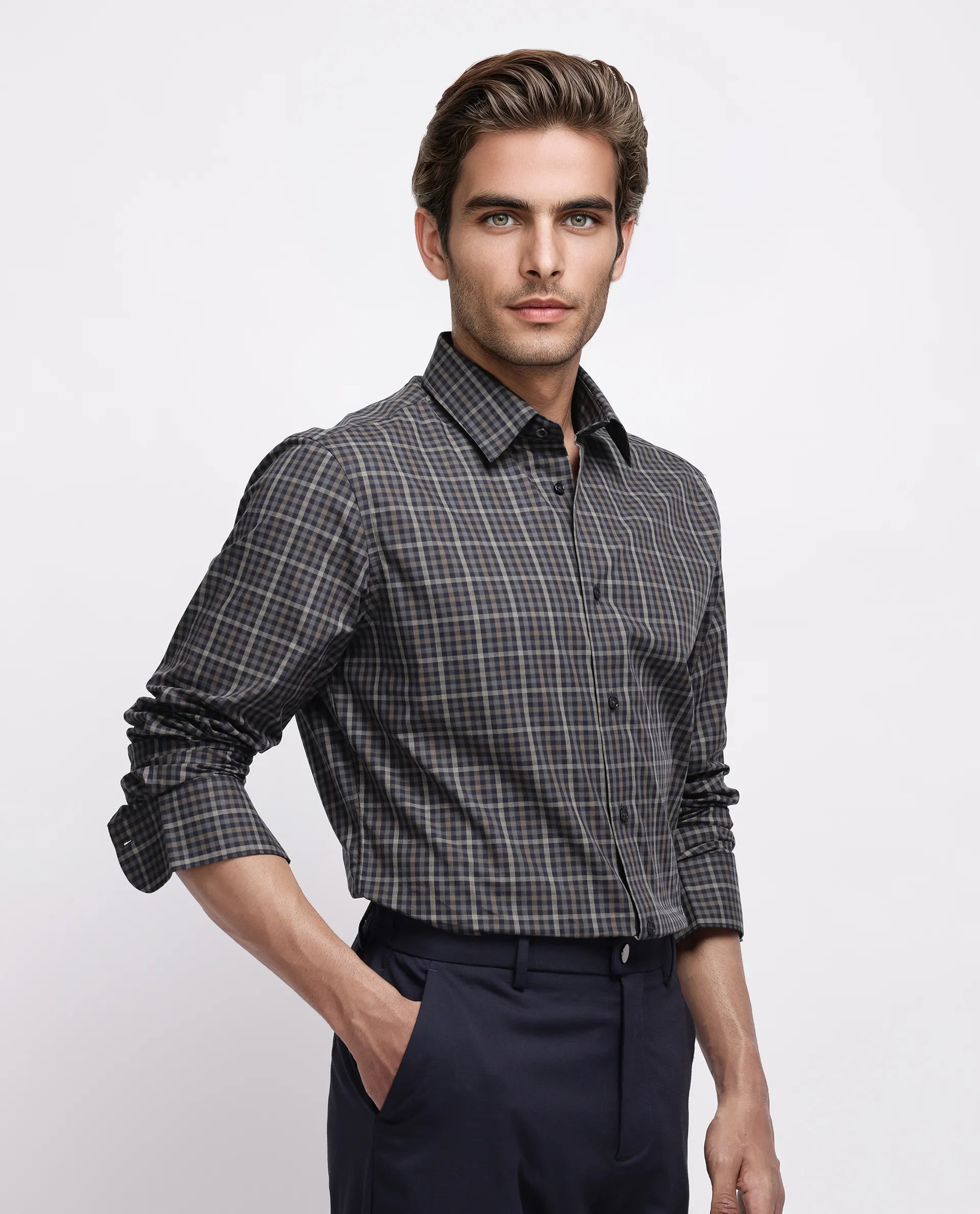 Rare Rabbit Men's Mito-1 Black Cotton Checked Print Regular Fit Full Sleeve Collared Shirt