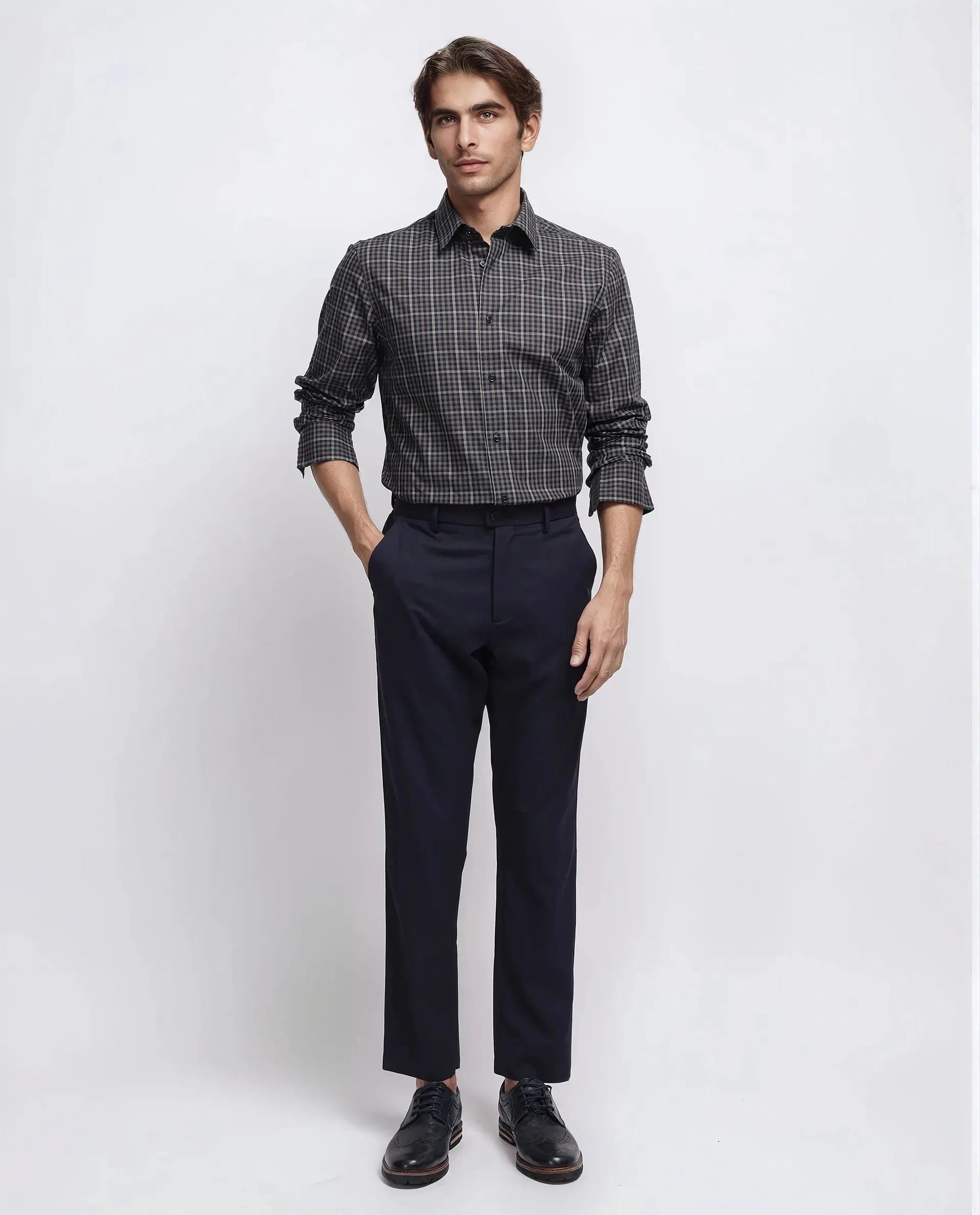 Rare Rabbit Men's Mito-1 Black Cotton Checked Print Regular Fit Full Sleeve Collared Shirt