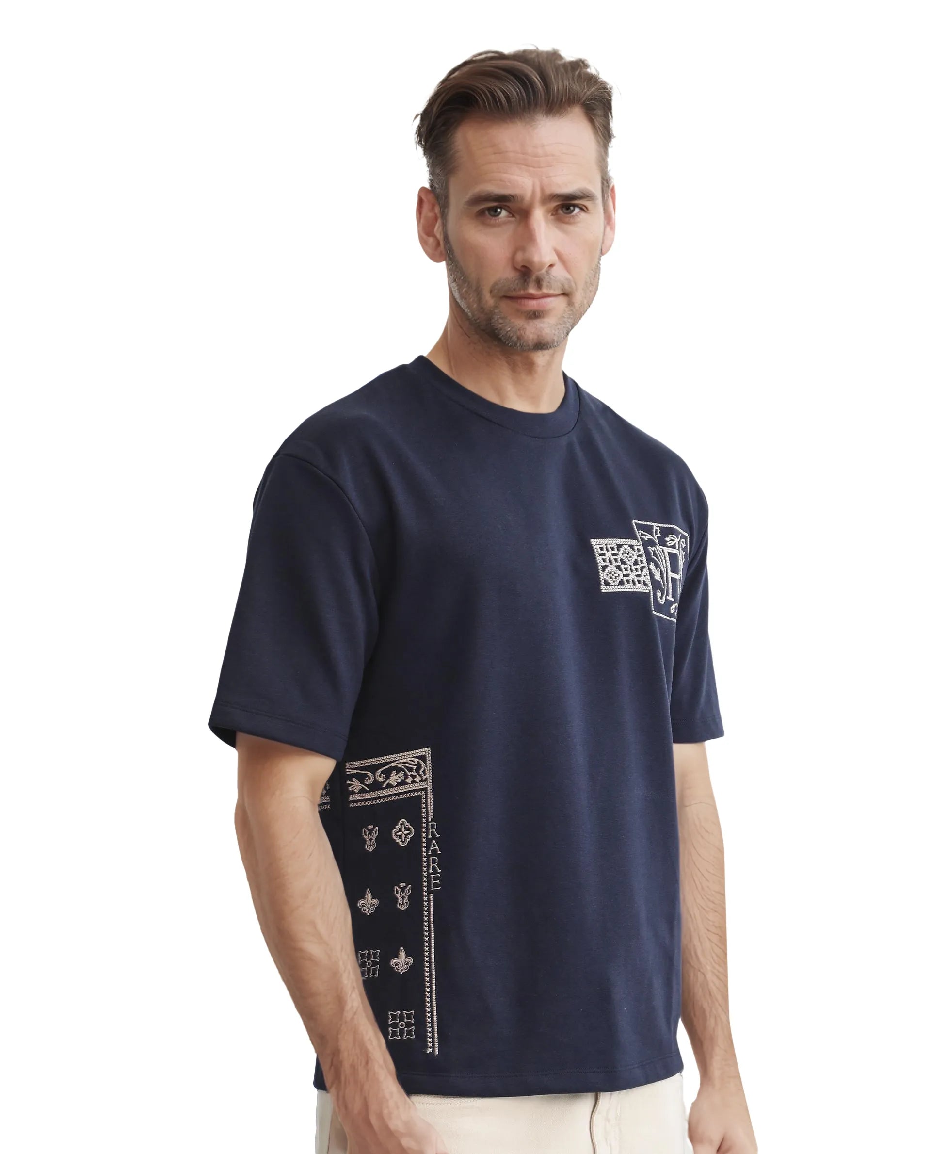 Rare Rabbit Men's Myro-1 Navy Cotton Polyester Fabric Short Sleeve Crew Neck Skinny Fit Vertical Stripes T-Shirt