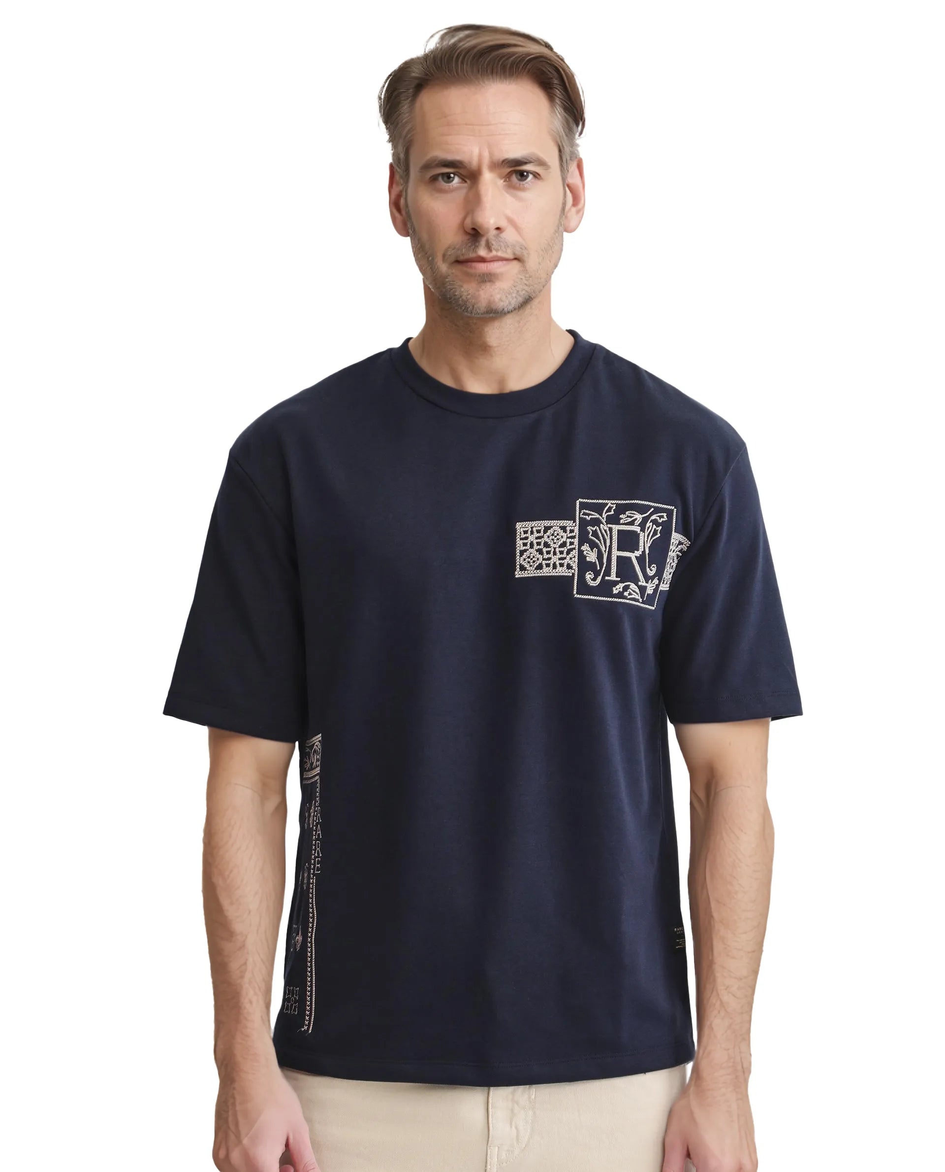 Rare Rabbit Men's Myro-1 Navy Cotton Polyester Fabric Short Sleeve Crew Neck Skinny Fit Vertical Stripes T-Shirt