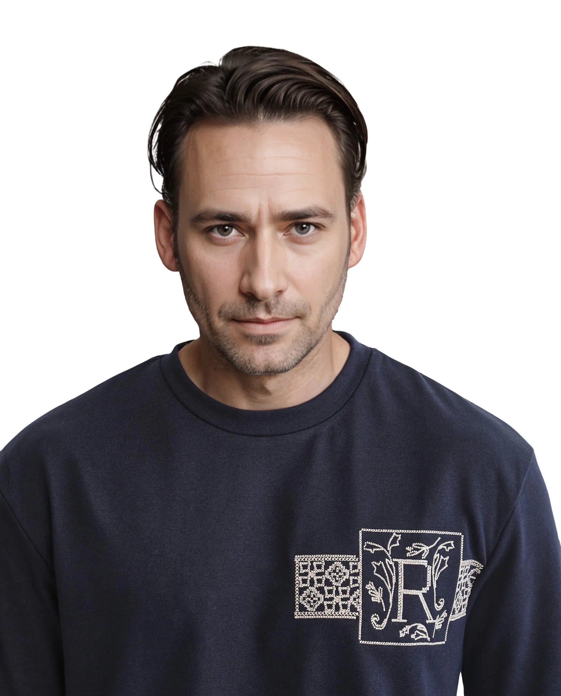 Rare Rabbit Men's Myro-1 Navy Cotton Polyester Fabric Short Sleeve Crew Neck Skinny Fit Vertical Stripes T-Shirt