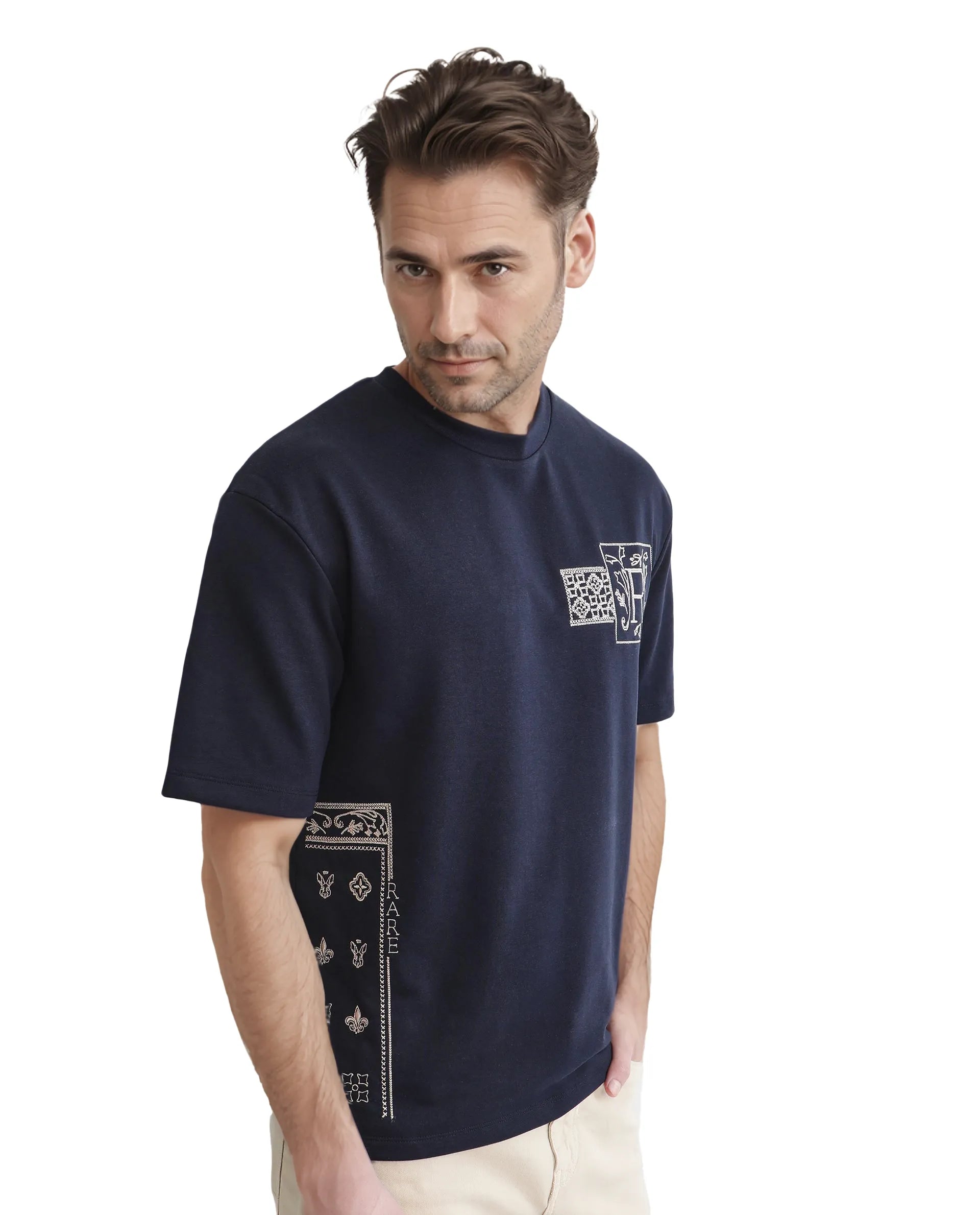 Rare Rabbit Men's Myro-1 Navy Cotton Polyester Fabric Short Sleeve Crew Neck Skinny Fit Vertical Stripes T-Shirt