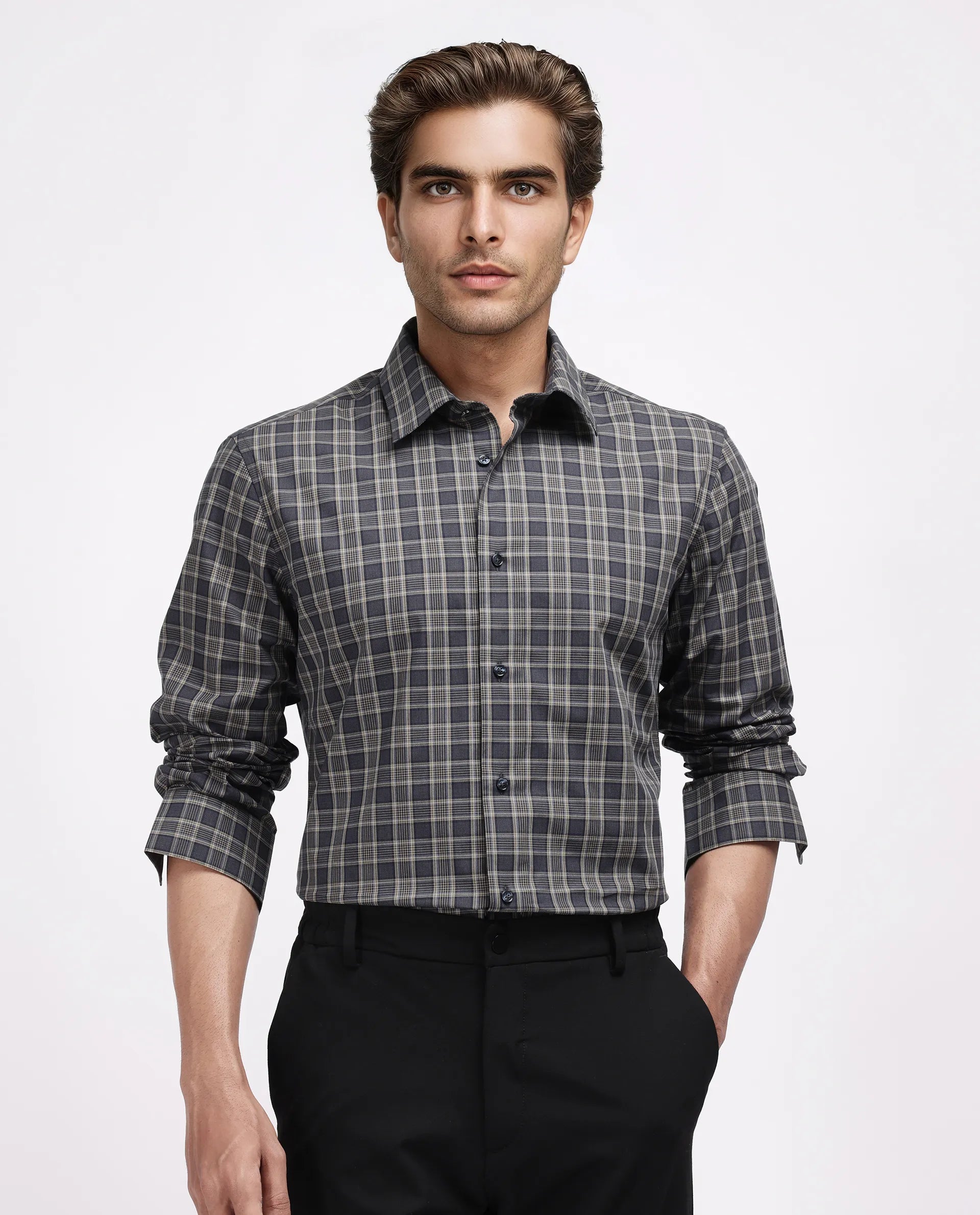 Rare Rabbit Men's Myro-2 Black Cotton Checked Print Regular Fit Full Sleeve Collared Shirt