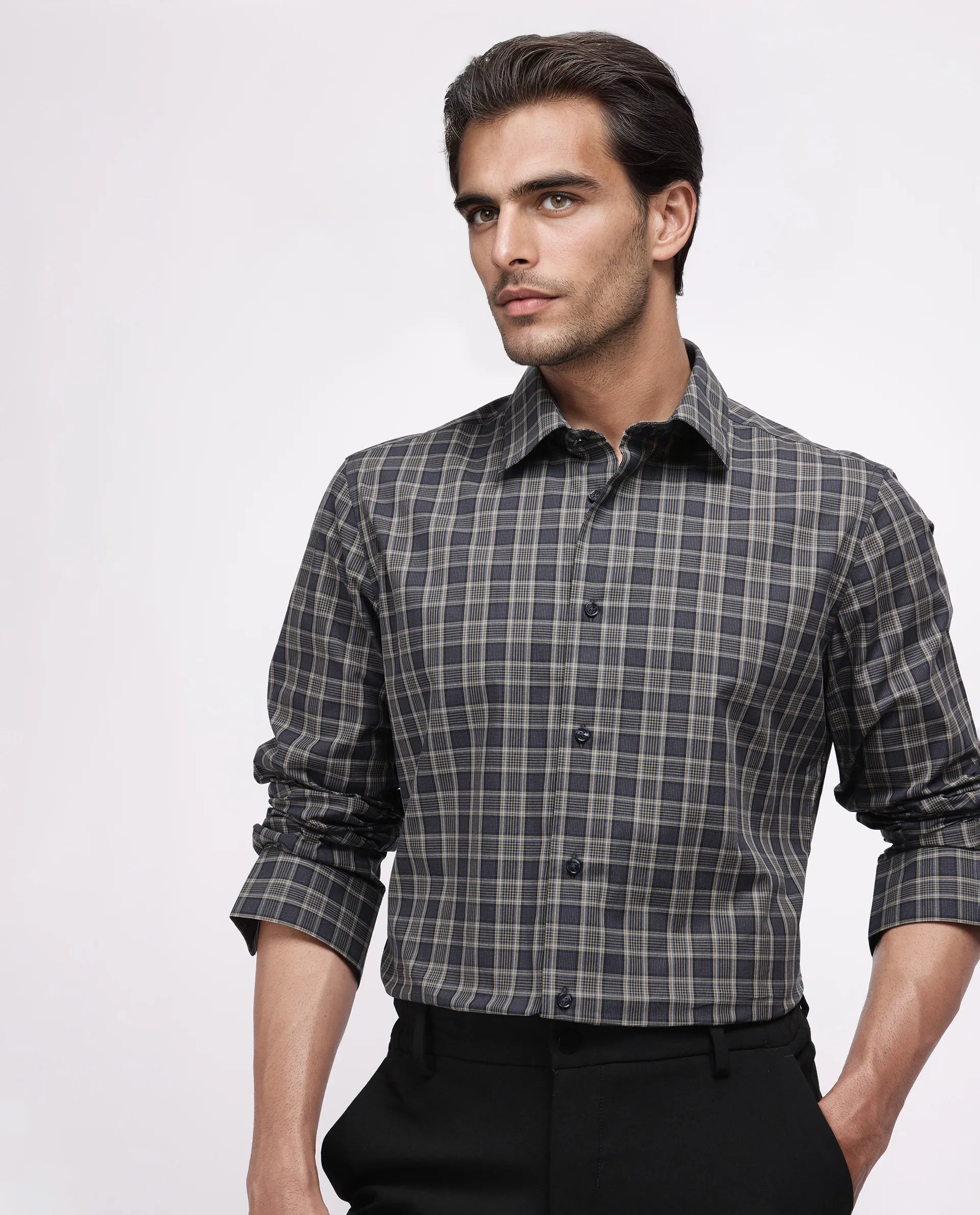 Rare Rabbit Men's Myro-2 Black Cotton Checked Print Regular Fit Full Sleeve Collared Shirt