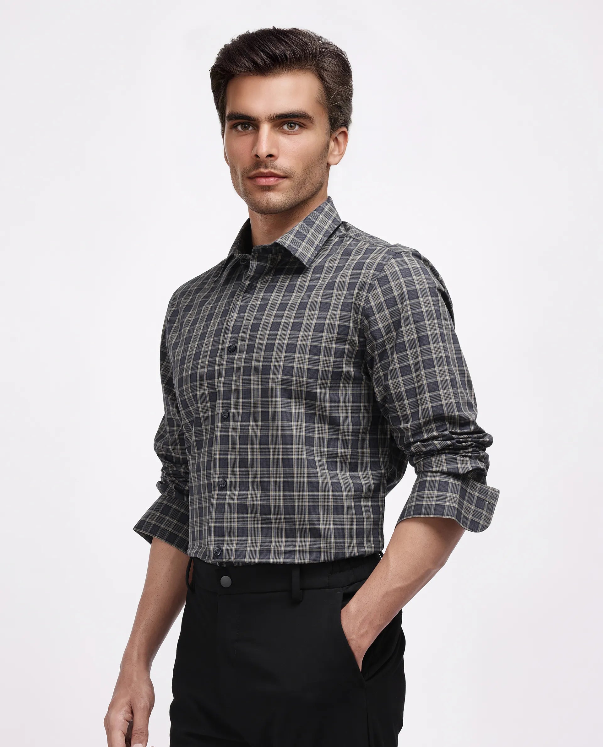 Rare Rabbit Men's Myro-2 Black Cotton Checked Print Regular Fit Full Sleeve Collared Shirt