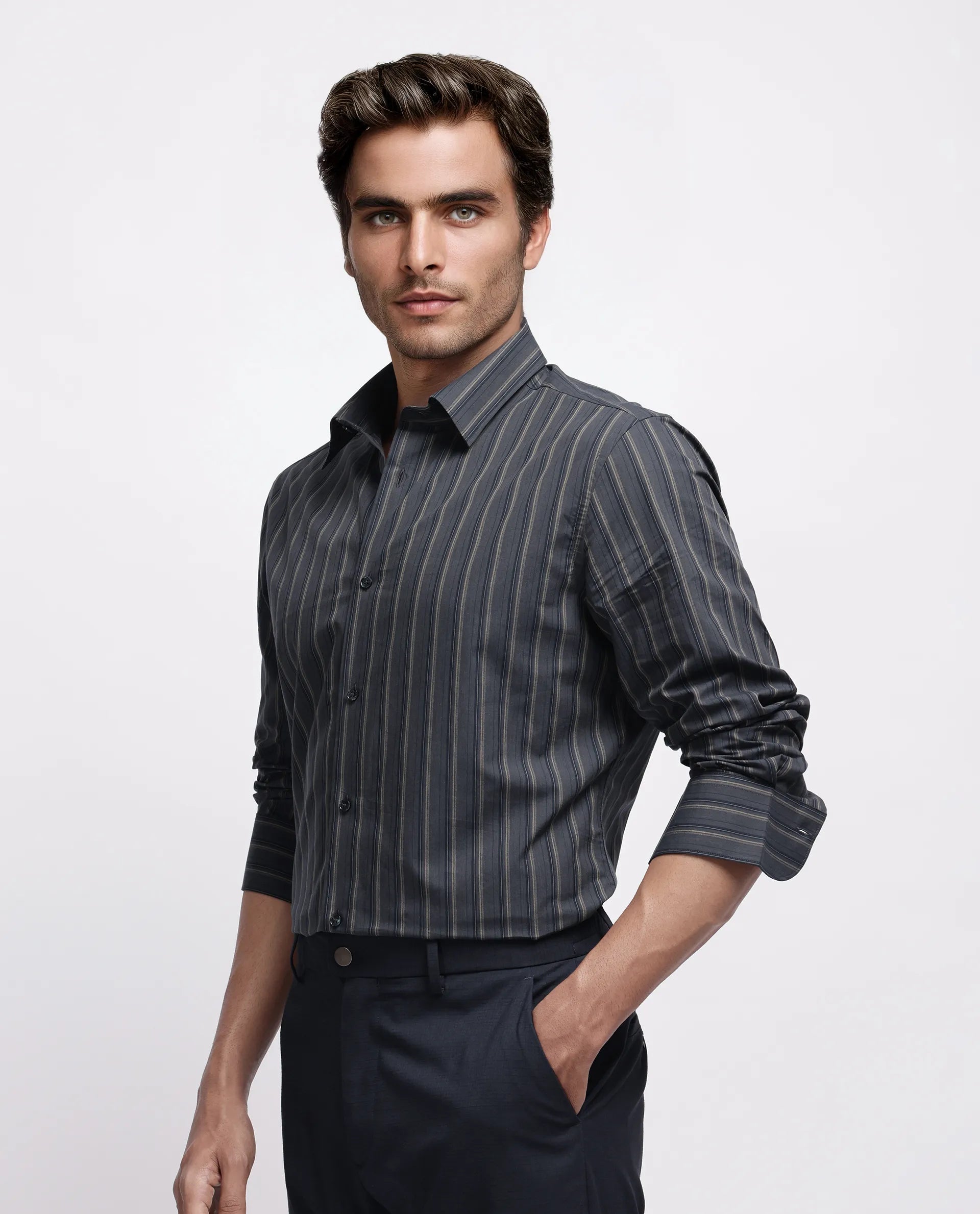 Rare Rabbit Men's Myro-3 Black Cotton Striped Print Regular Fit Full Sleeve Collared Shirt