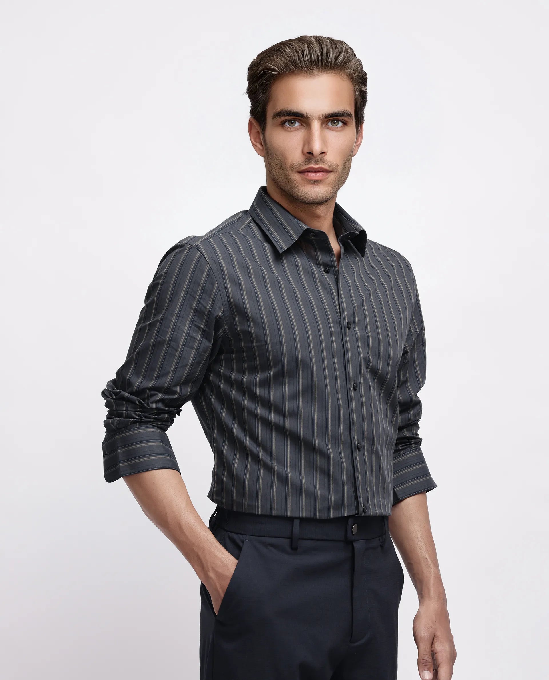 Rare Rabbit Men's Myro-3 Black Cotton Striped Print Regular Fit Full Sleeve Collared Shirt