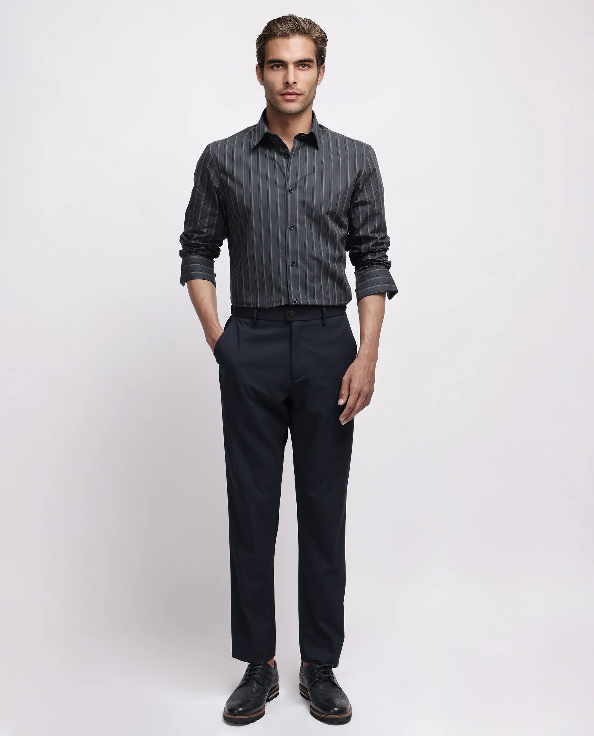 Rare Rabbit Men's Myro-3 Black Cotton Striped Print Regular Fit Full Sleeve Collared Shirt