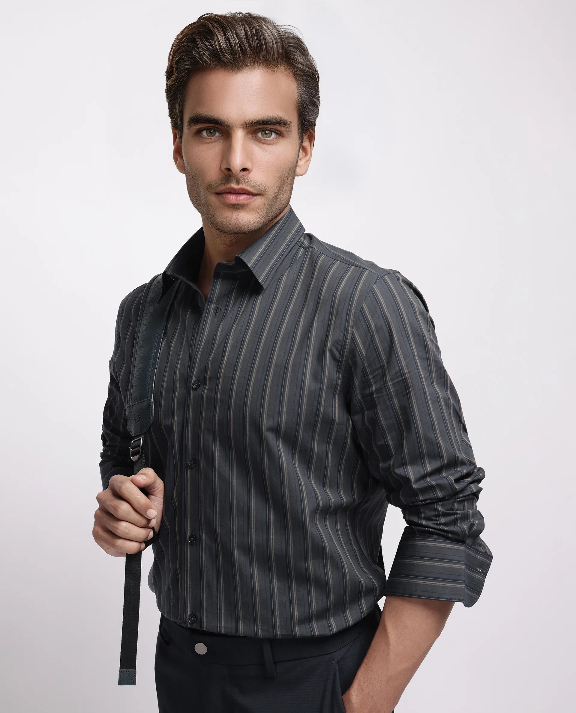 Rare Rabbit Men's Myro-3 Black Cotton Striped Print Regular Fit Full Sleeve Collared Shirt