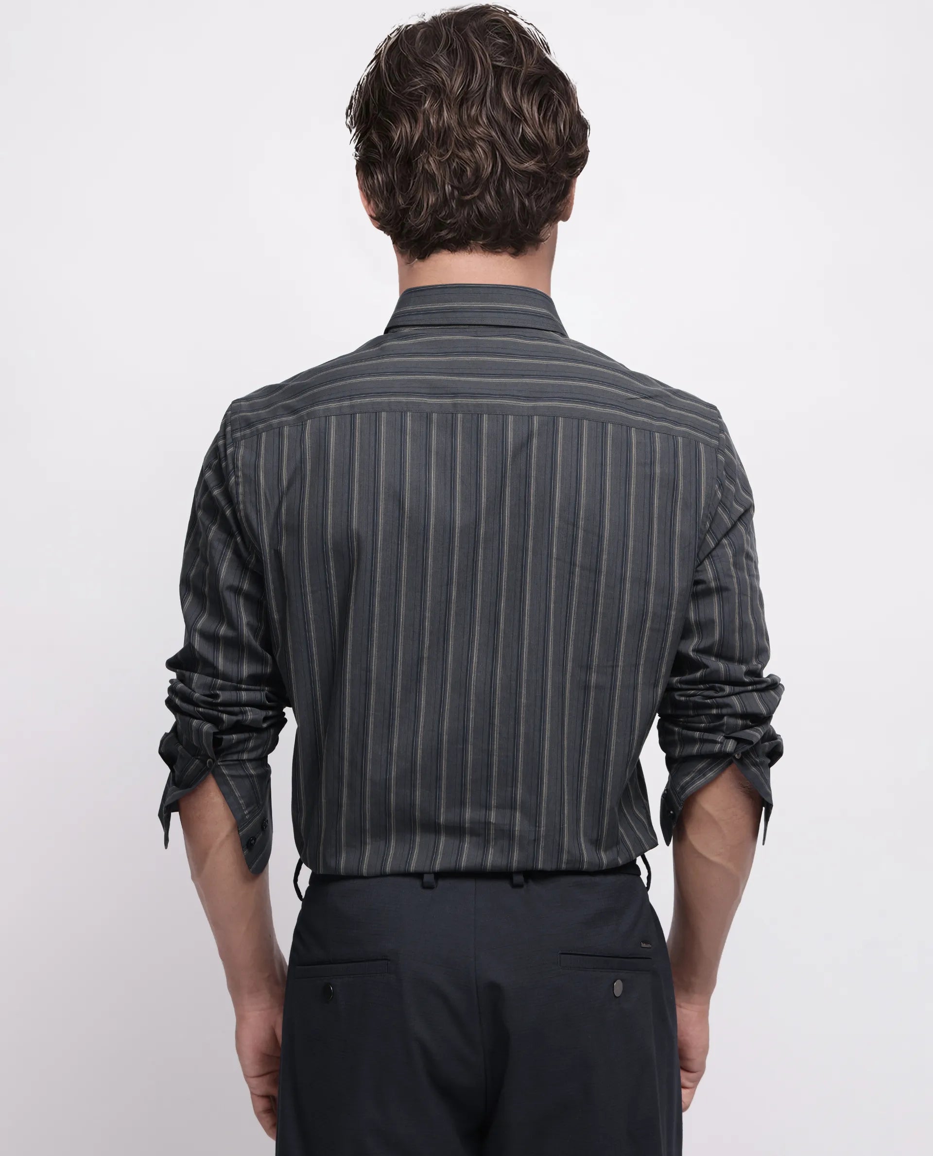 Rare Rabbit Men's Myro-3 Black Cotton Striped Print Regular Fit Full Sleeve Collared Shirt