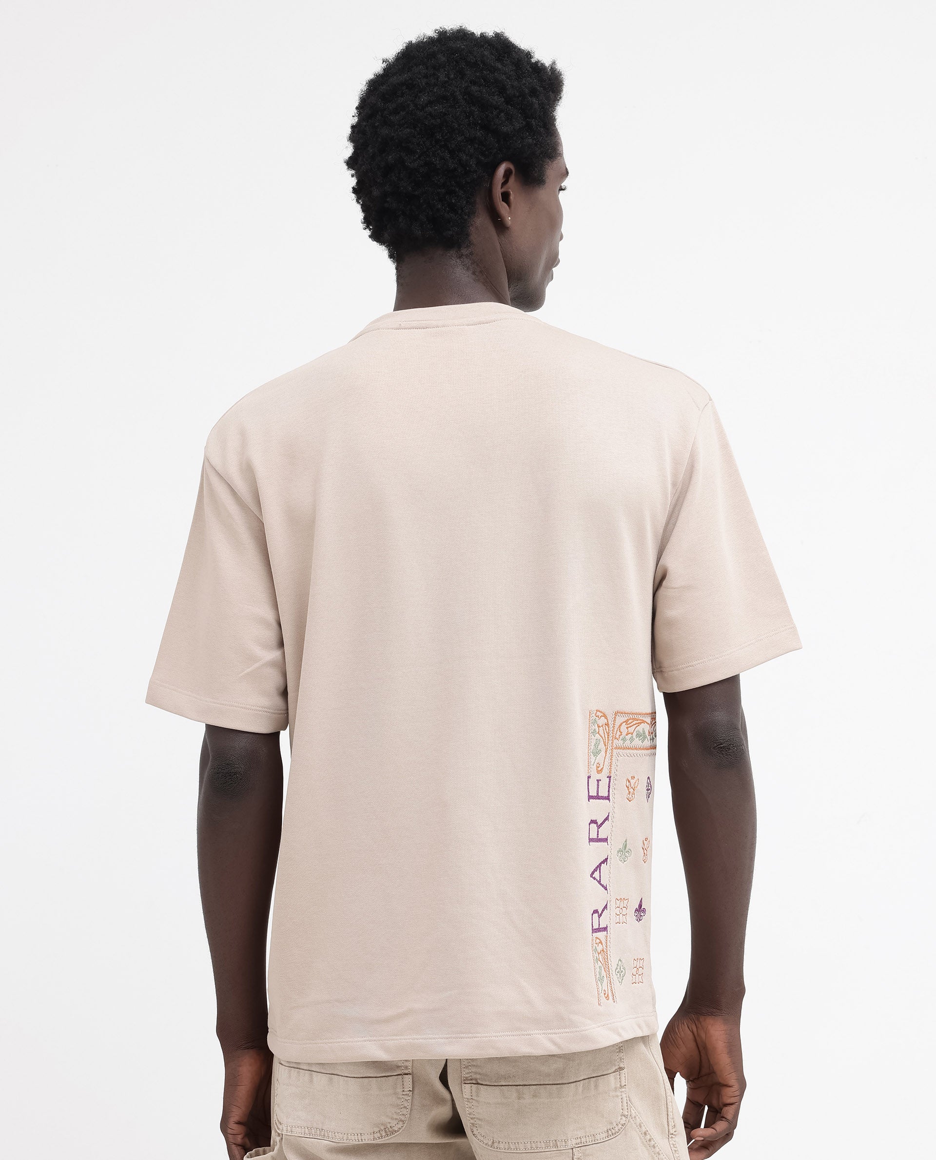 Rare Rabbit Mens Myro Beige Cotton Polyester Fabric Oversized Fit Embroidered T-Shirt