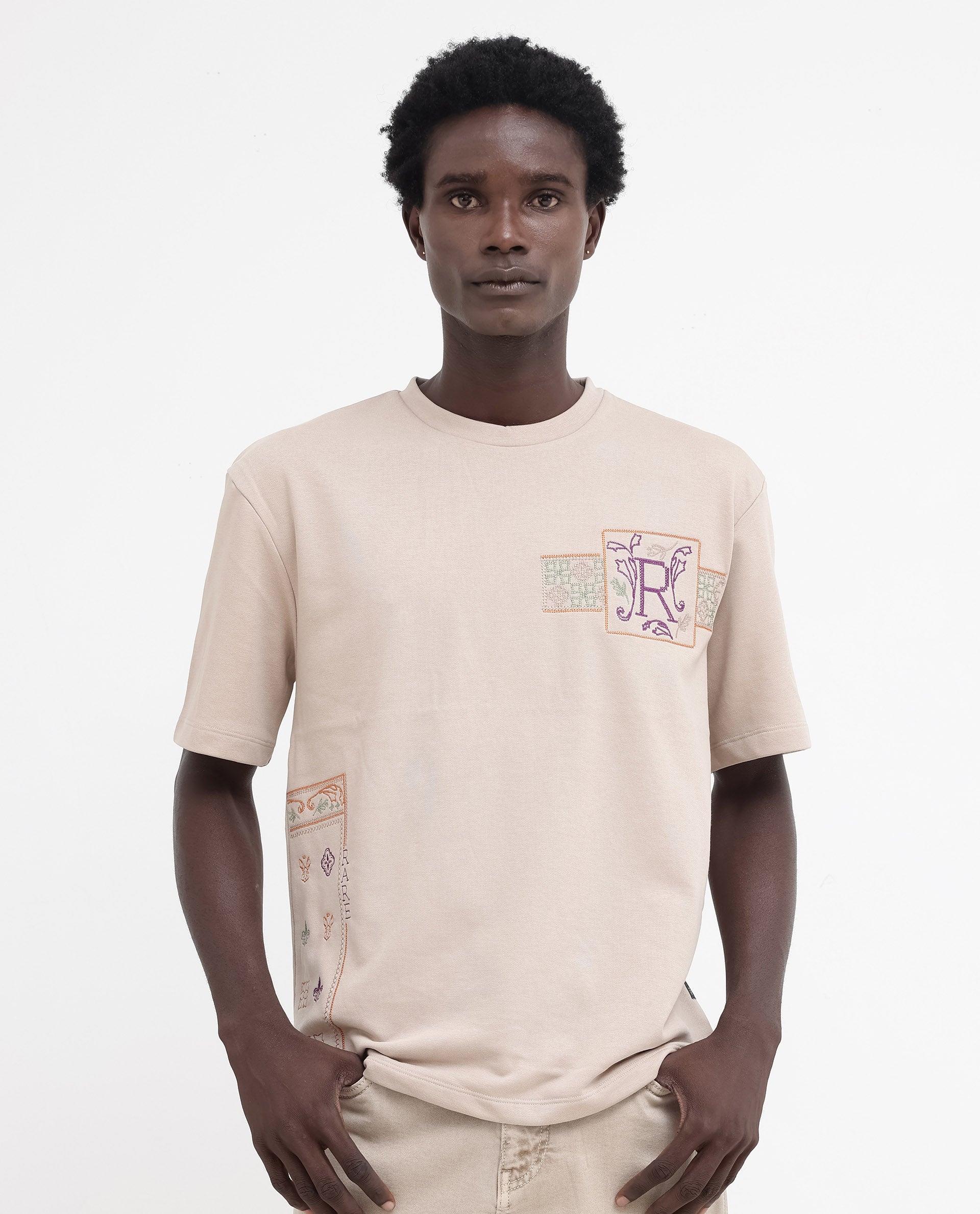 Rare Rabbit Mens Myro Beige Cotton Polyester Fabric Oversized Fit Embroidered T-Shirt