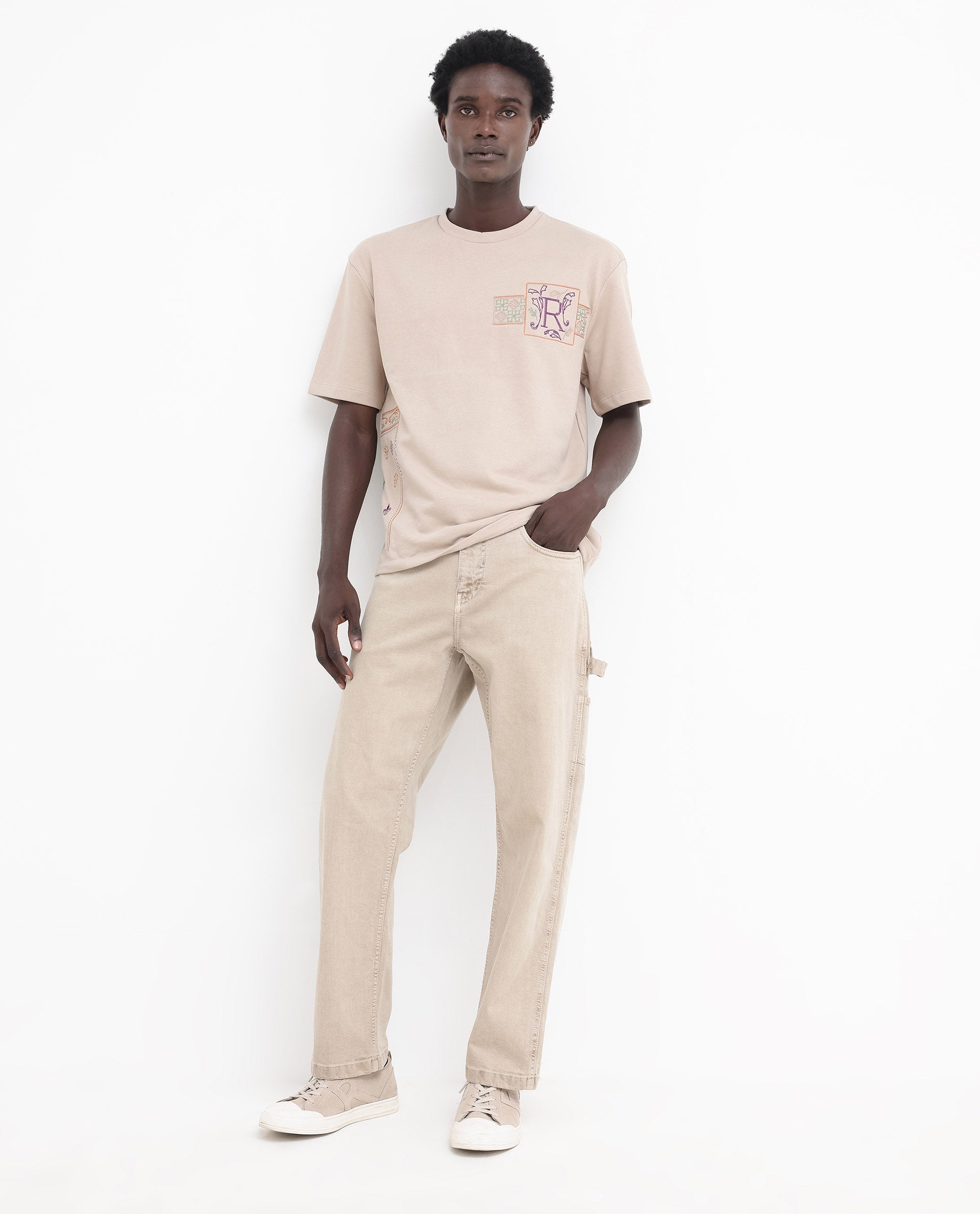 Rare Rabbit Mens Myro Beige Cotton Polyester Fabric Oversized Fit Embroidered T-Shirt