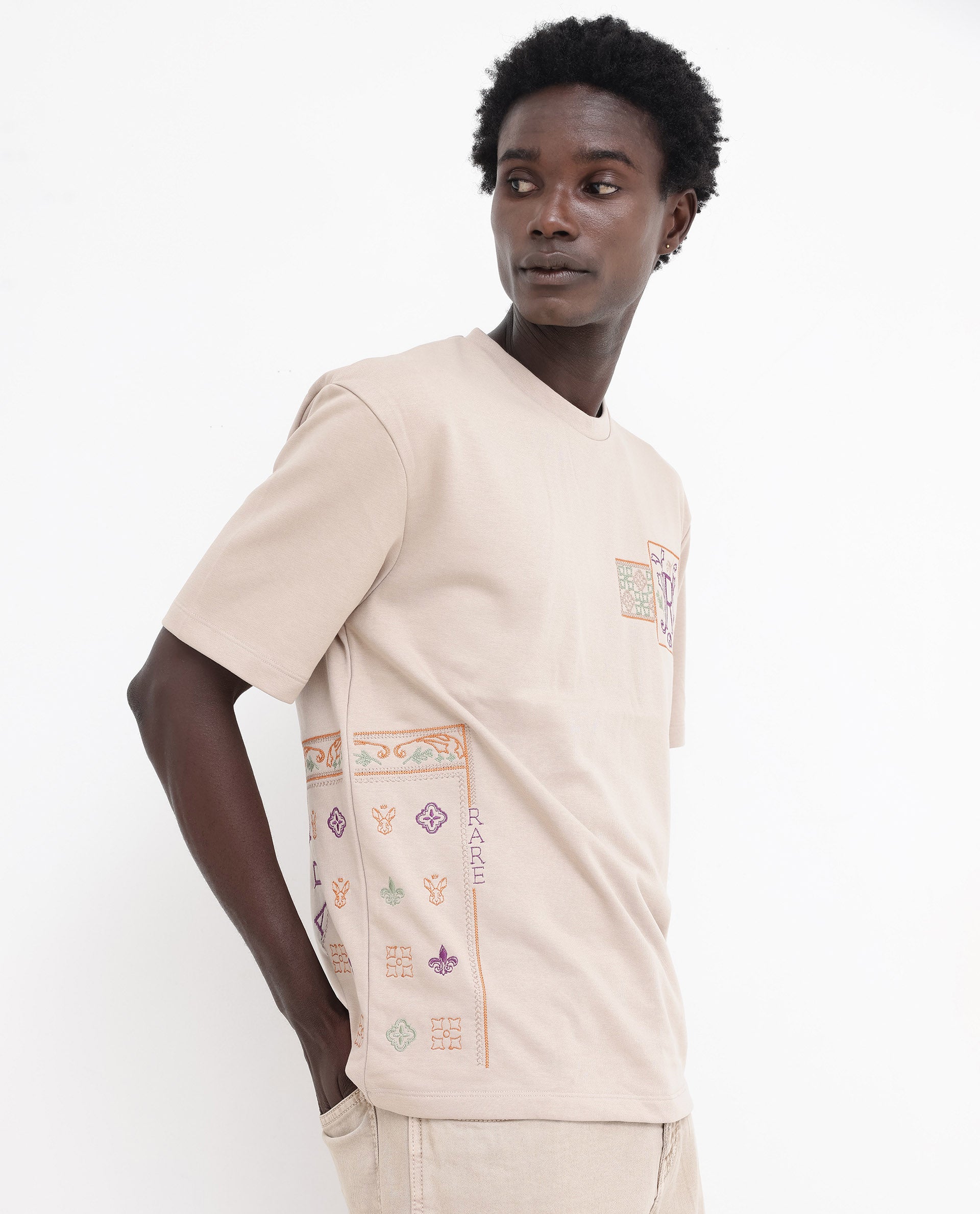 Rare Rabbit Mens Myro Beige Cotton Polyester Fabric Oversized Fit Embroidered T-Shirt