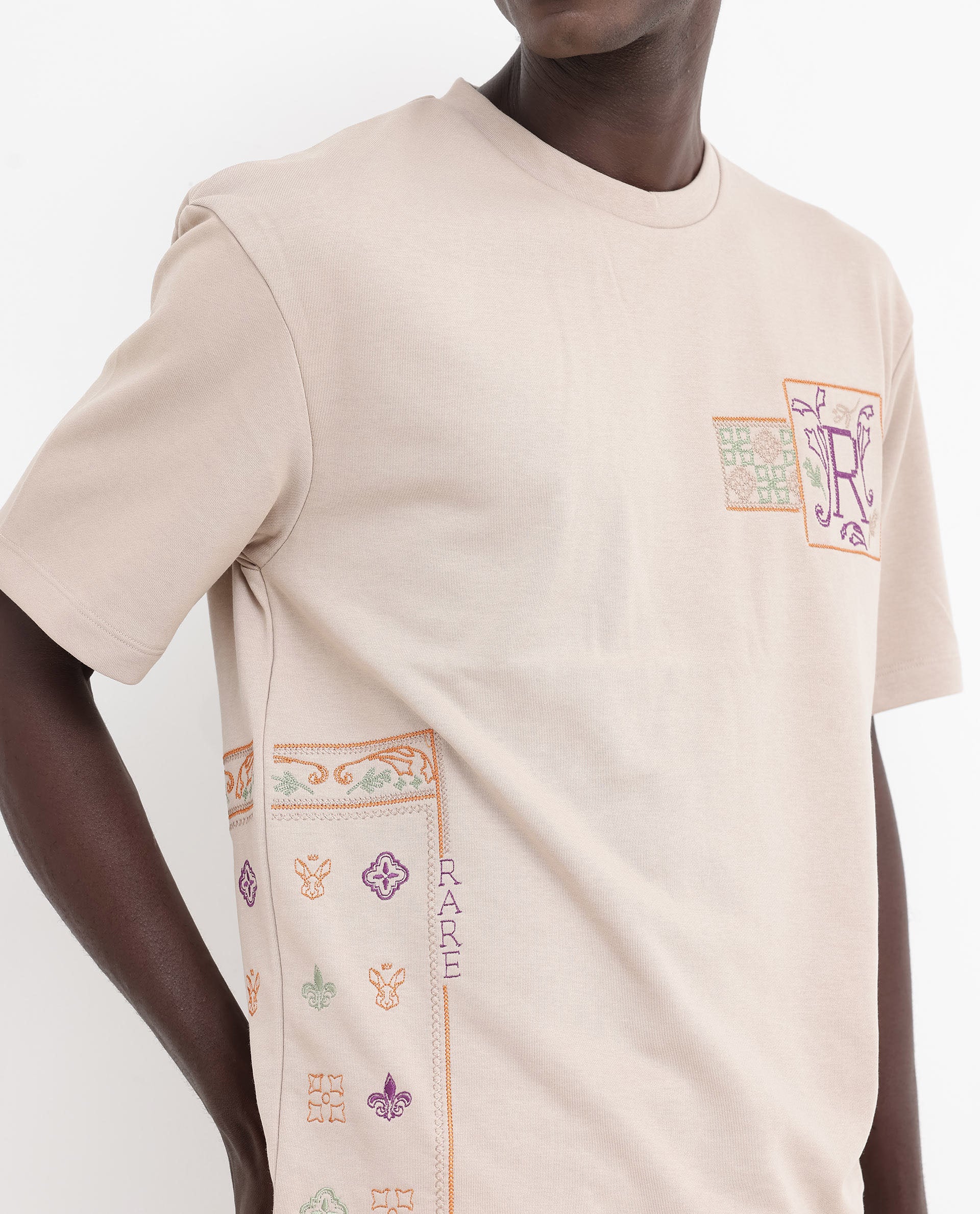 Rare Rabbit Mens Myro Beige Cotton Polyester Fabric Oversized Fit Embroidered T-Shirt