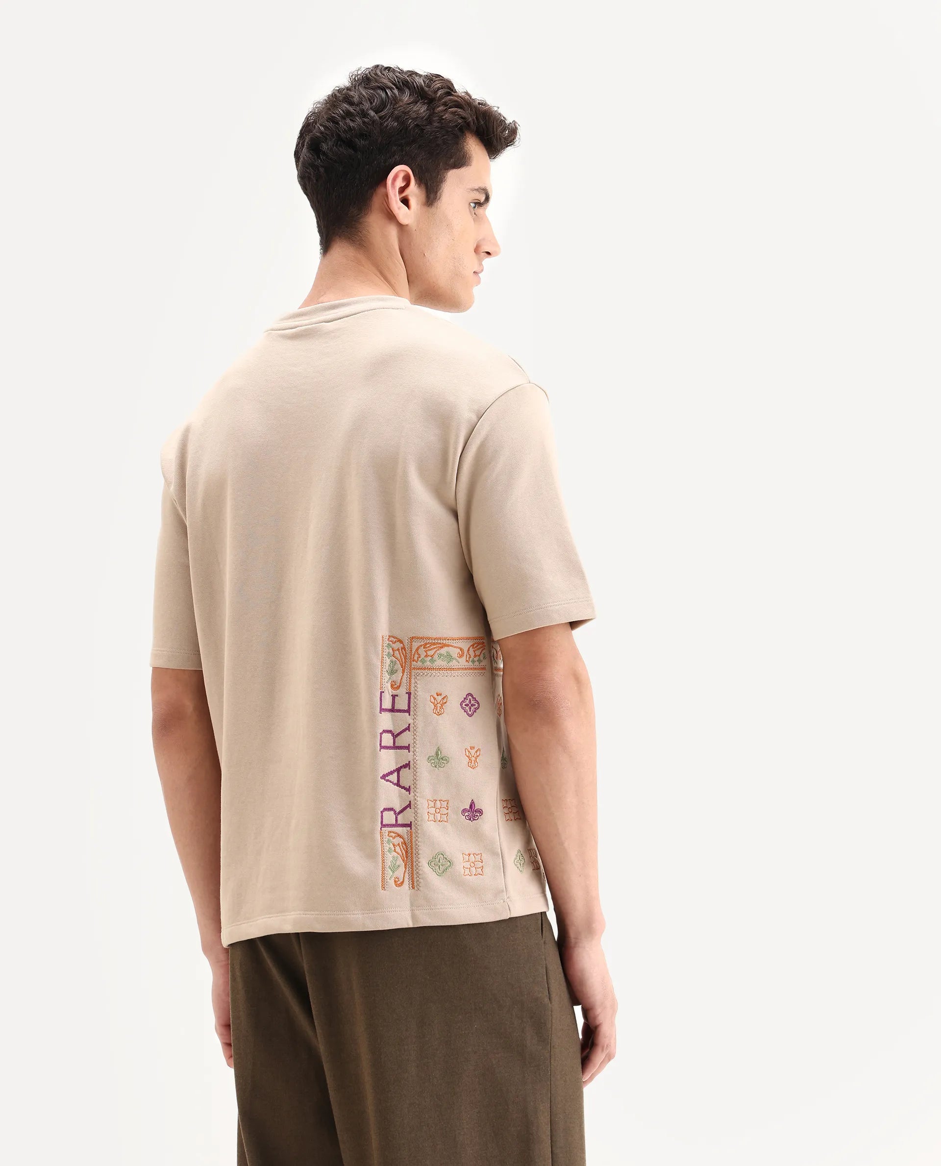 Rare Rabbit Men's Myro-1 Beige Polyester Embroidered Slim Fit Half Sleeve Crew Neck T-Shirt
