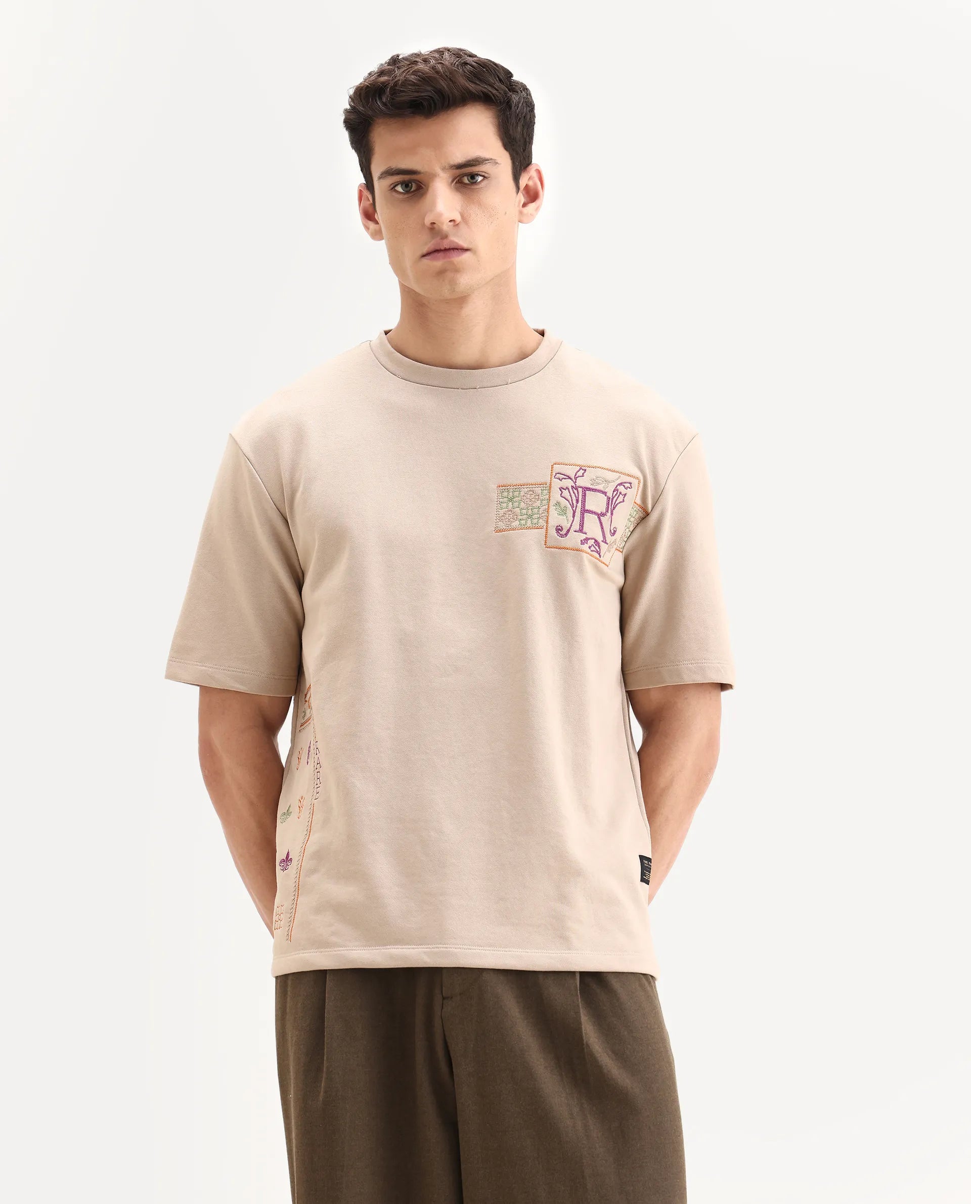 Rare Rabbit Men's Myro-1 Beige Polyester Embroidered Slim Fit Half Sleeve Crew Neck T-Shirt