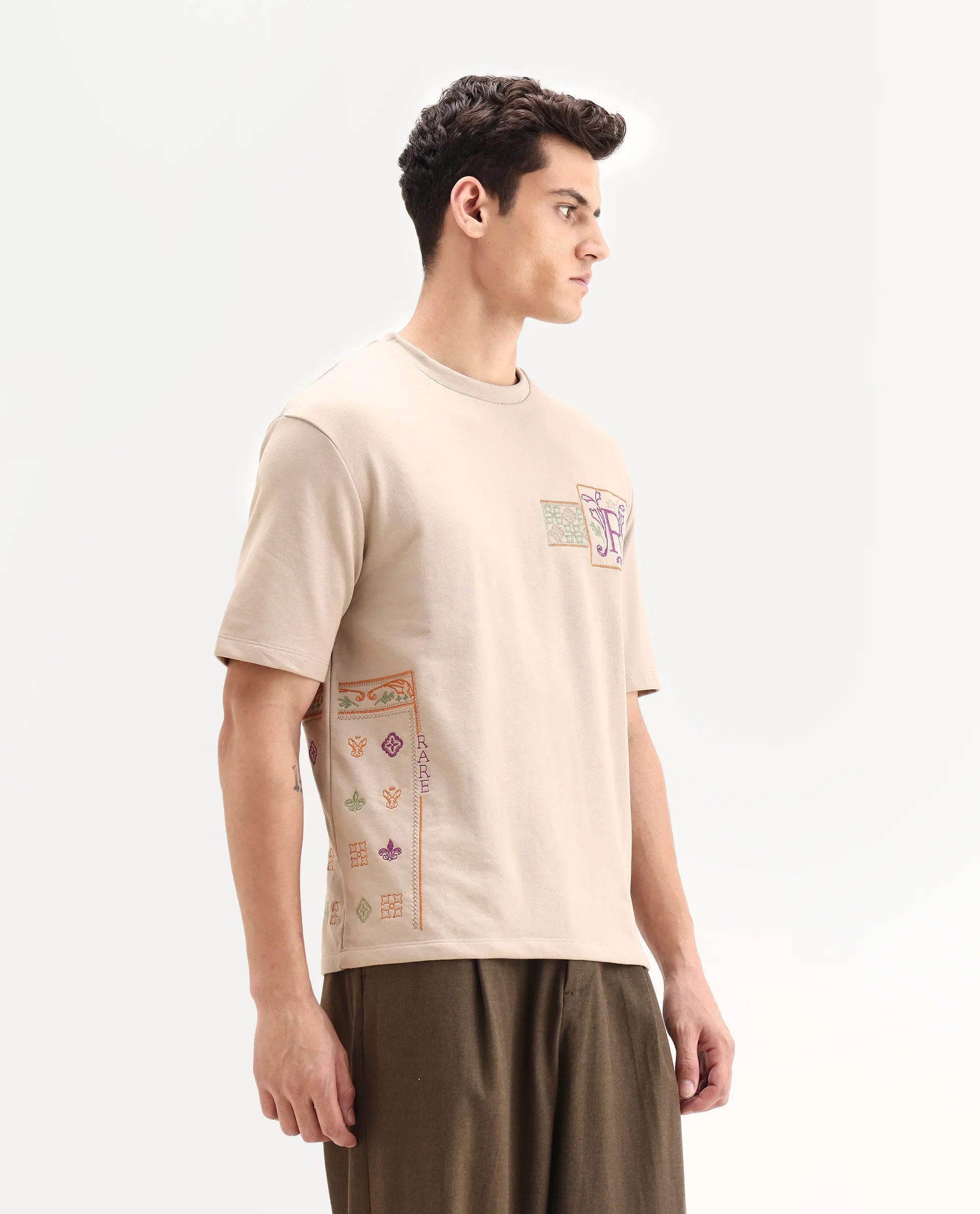 Rare Rabbit Men's Myro-1 Beige Polyester Embroidered Slim Fit Half Sleeve Crew Neck T-Shirt