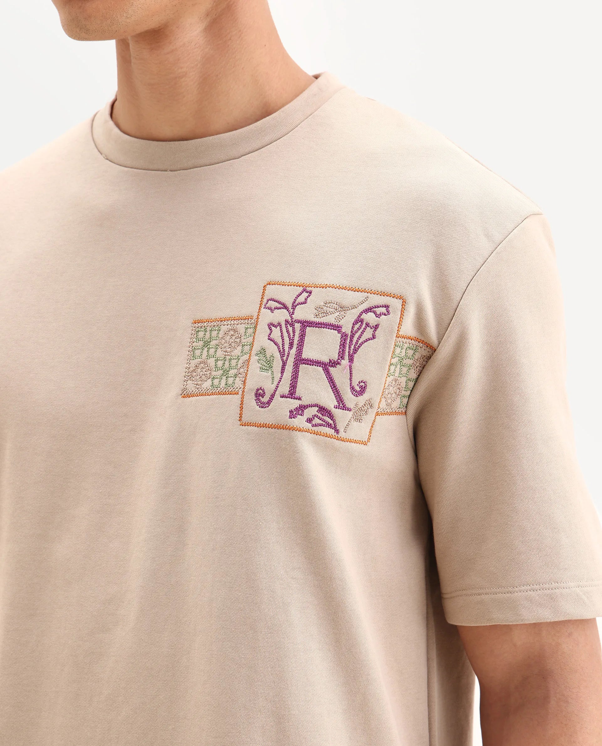 Rare Rabbit Men's Myro-1 Beige Polyester Embroidered Slim Fit Half Sleeve Crew Neck T-Shirt