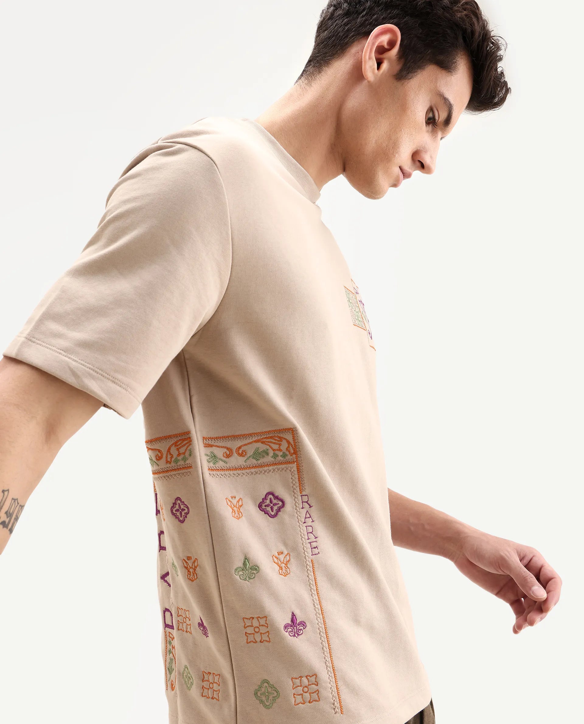 Rare Rabbit Men's Myro-1 Beige Polyester Embroidered Slim Fit Half Sleeve Crew Neck T-Shirt