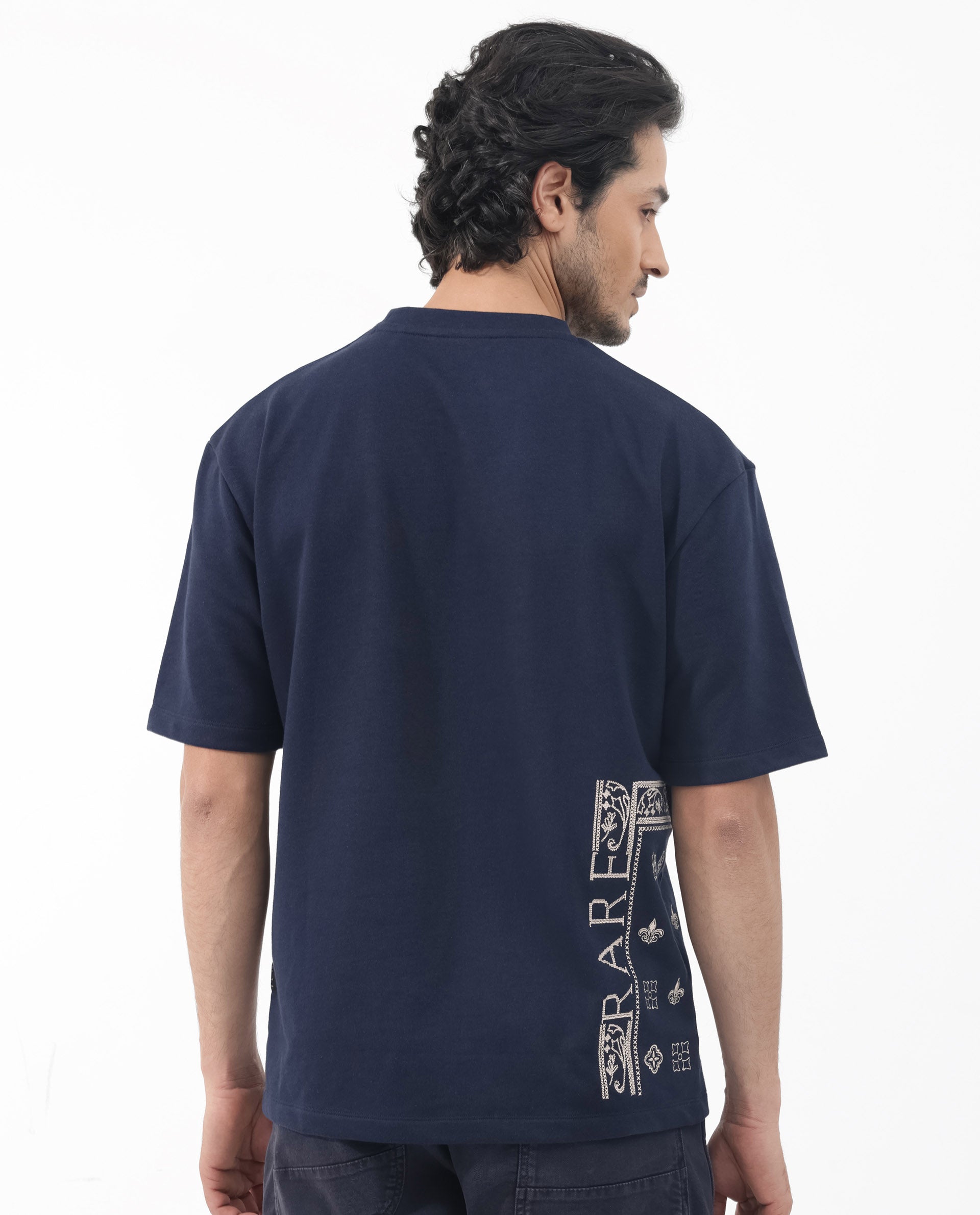 Rare Rabbit Men's Myro Navy Cotton Polyester Fabric Oversized Fit Embroidered T-Shirt
