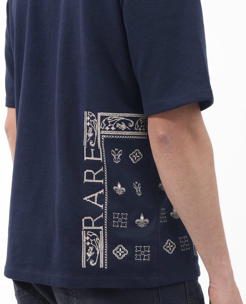 Rare Rabbit Men's Myro Navy Cotton Polyester Fabric Oversized Fit Embroidered T-Shirt