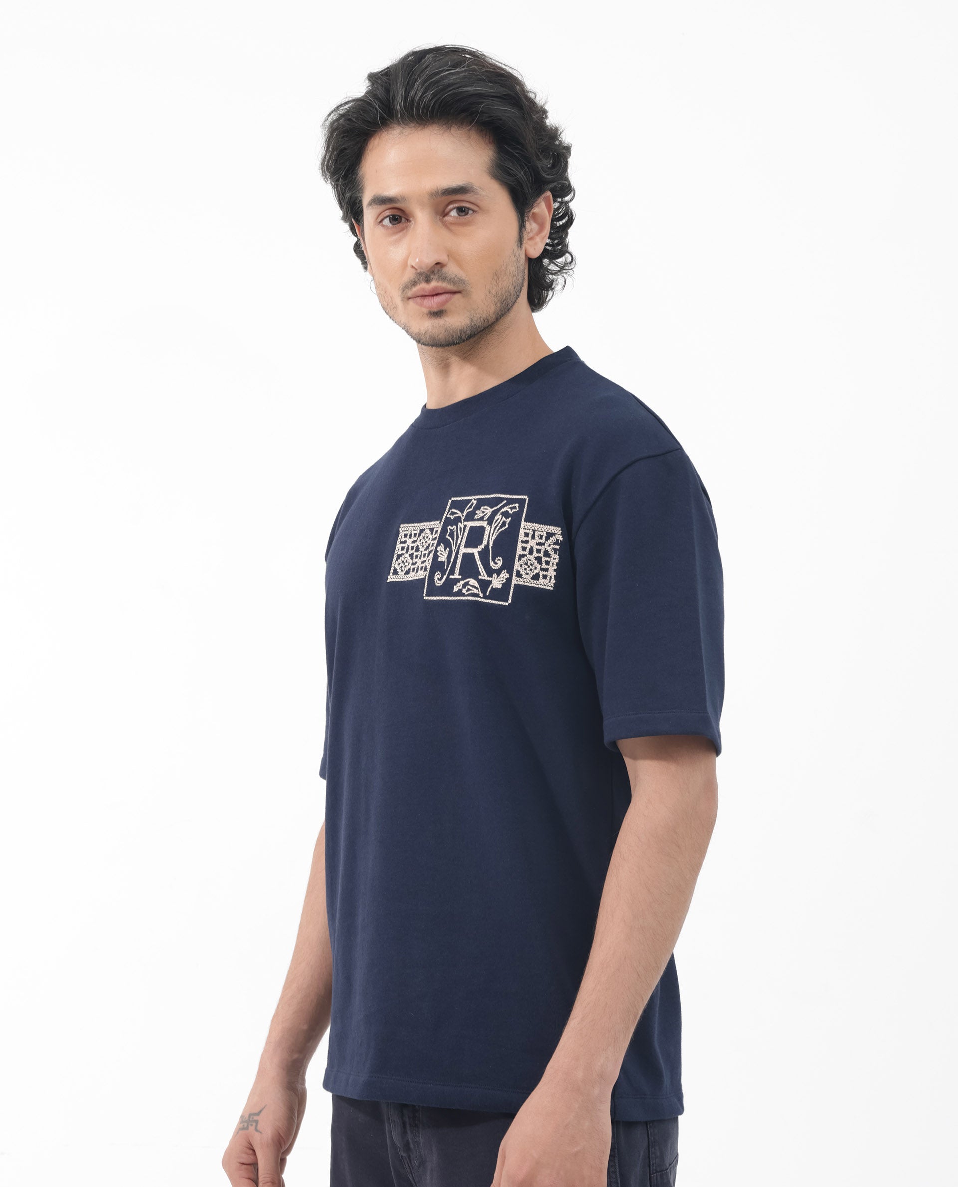 Rare Rabbit Men's Myro Navy Cotton Polyester Fabric Oversized Fit Embroidered T-Shirt