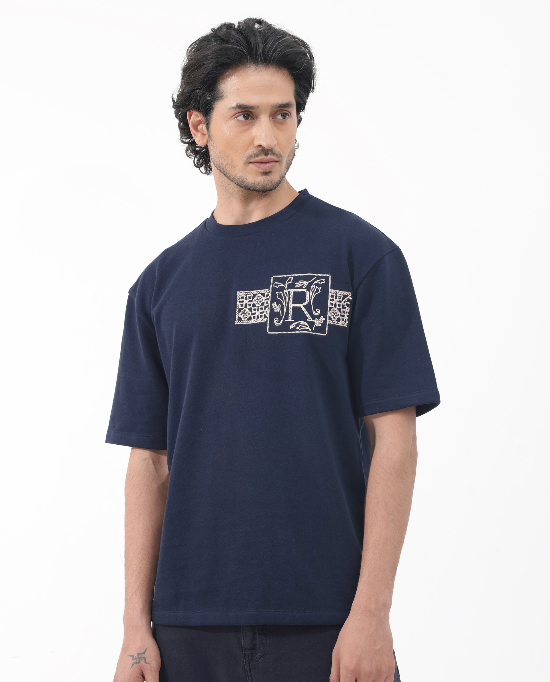 Rare Rabbit Men's Myro Navy Cotton Polyester Fabric Oversized Fit Embroidered T-Shirt