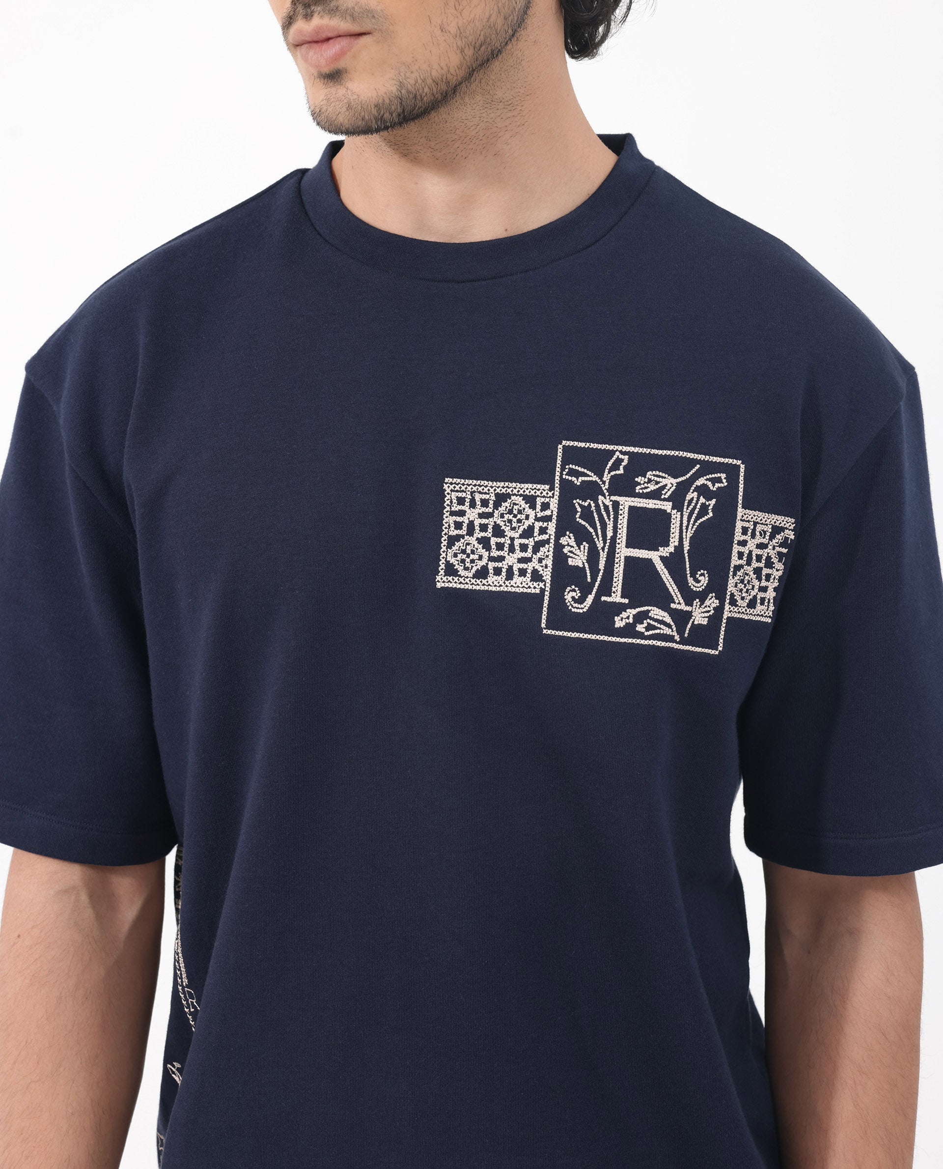 Rare Rabbit Men's Myro Navy Cotton Polyester Fabric Oversized Fit Embroidered T-Shirt