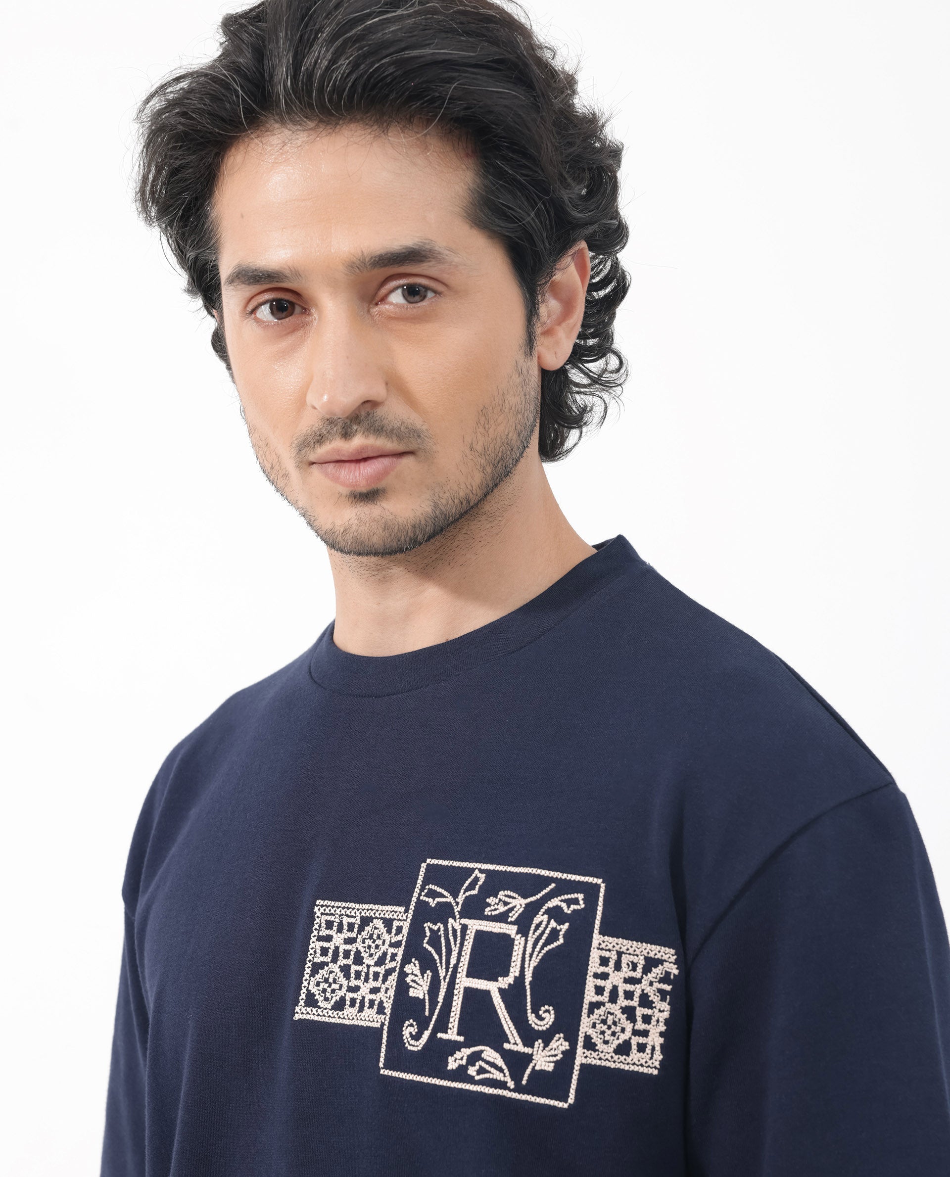 Rare Rabbit Men's Myro Navy Cotton Polyester Fabric Oversized Fit Embroidered T-Shirt