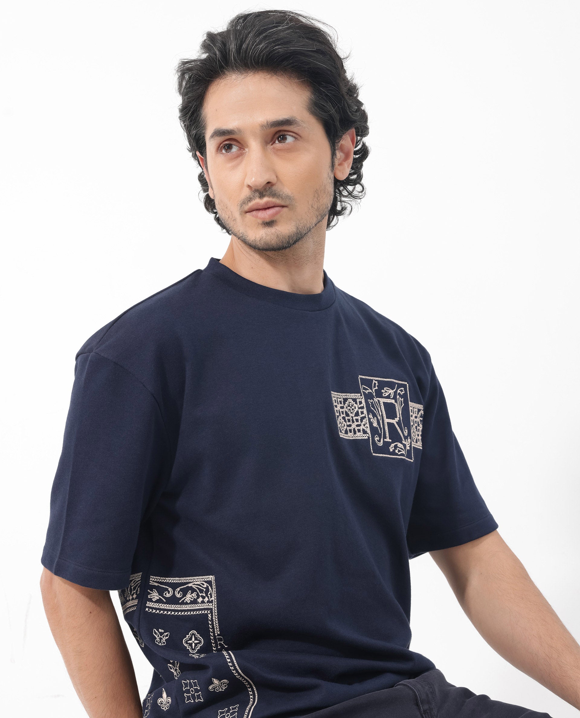 Rare Rabbit Men's Myro Navy Cotton Polyester Fabric Oversized Fit Embroidered T-Shirt