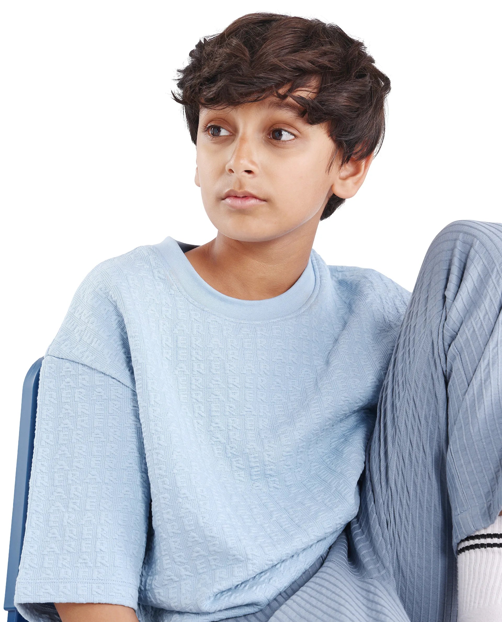 Rare Ones Kids Myrok Blue Polyester Blend Pull-On Closure Jacquard Oversized Fit T-Shirt