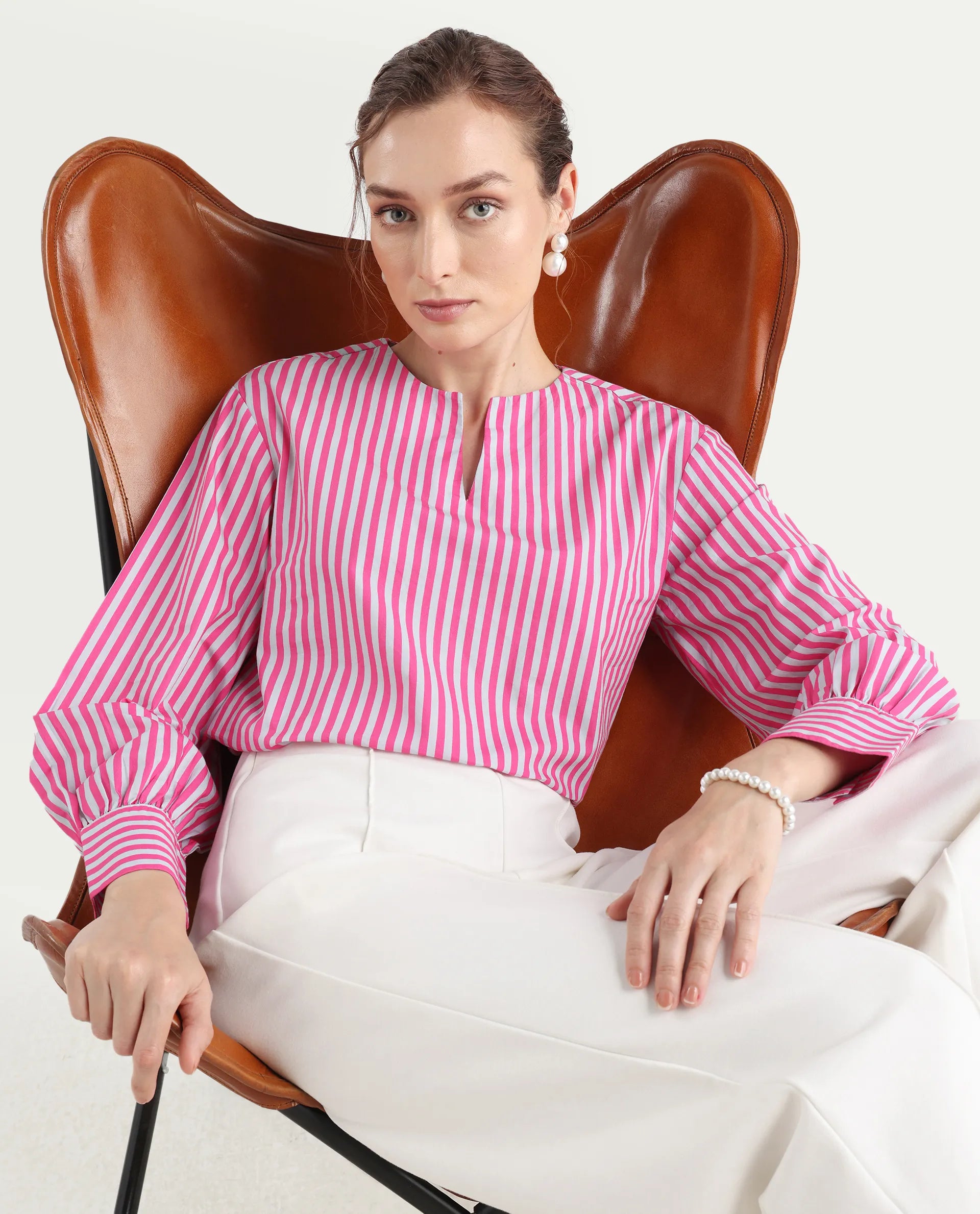 Rareism Women's Myrto Pink Cotton Crew Neck Striped Cuffed Sleeve Regular Fit Top