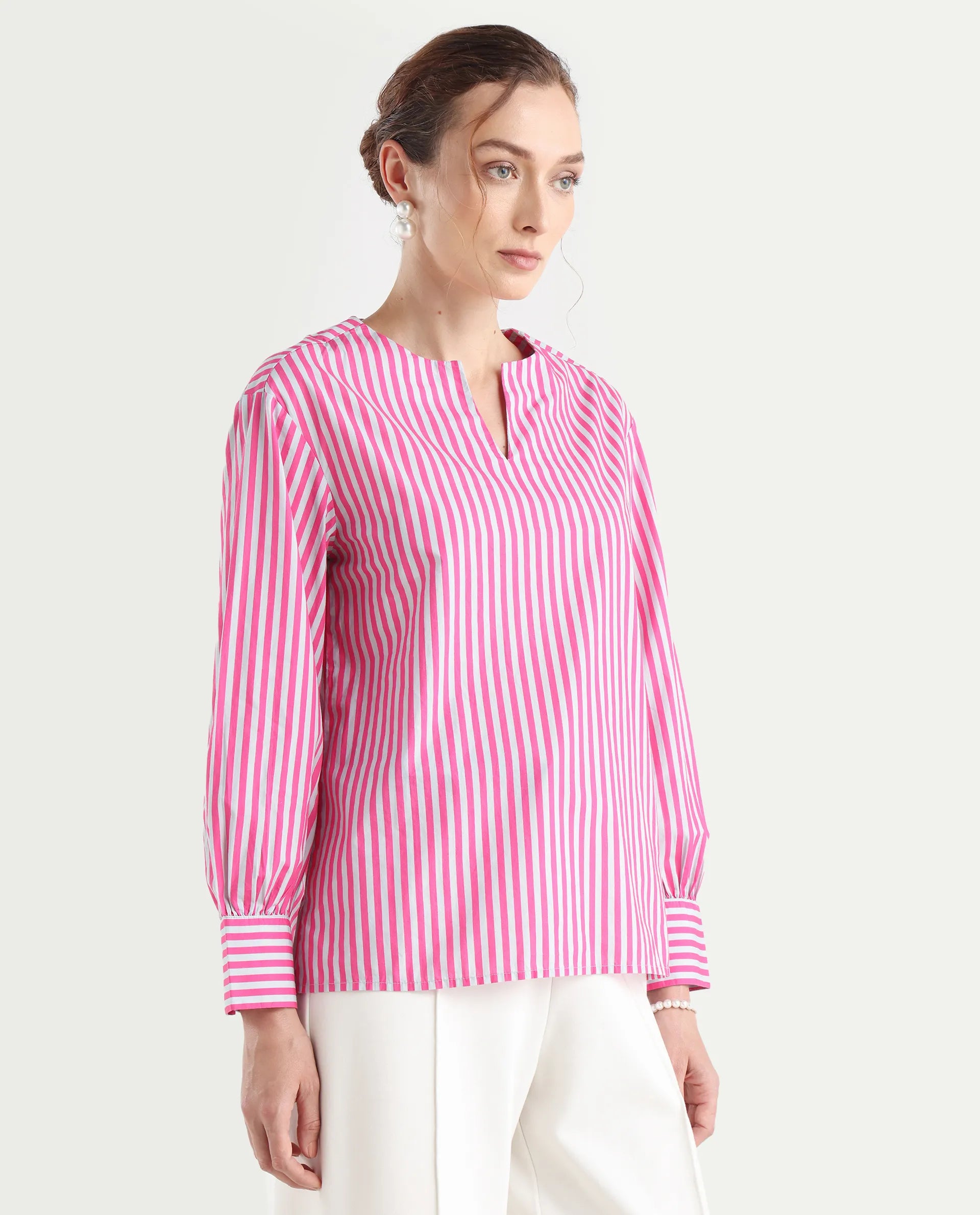 Rareism Women's Myrto Pink Cotton Crew Neck Striped Cuffed Sleeve Regular Fit Top
