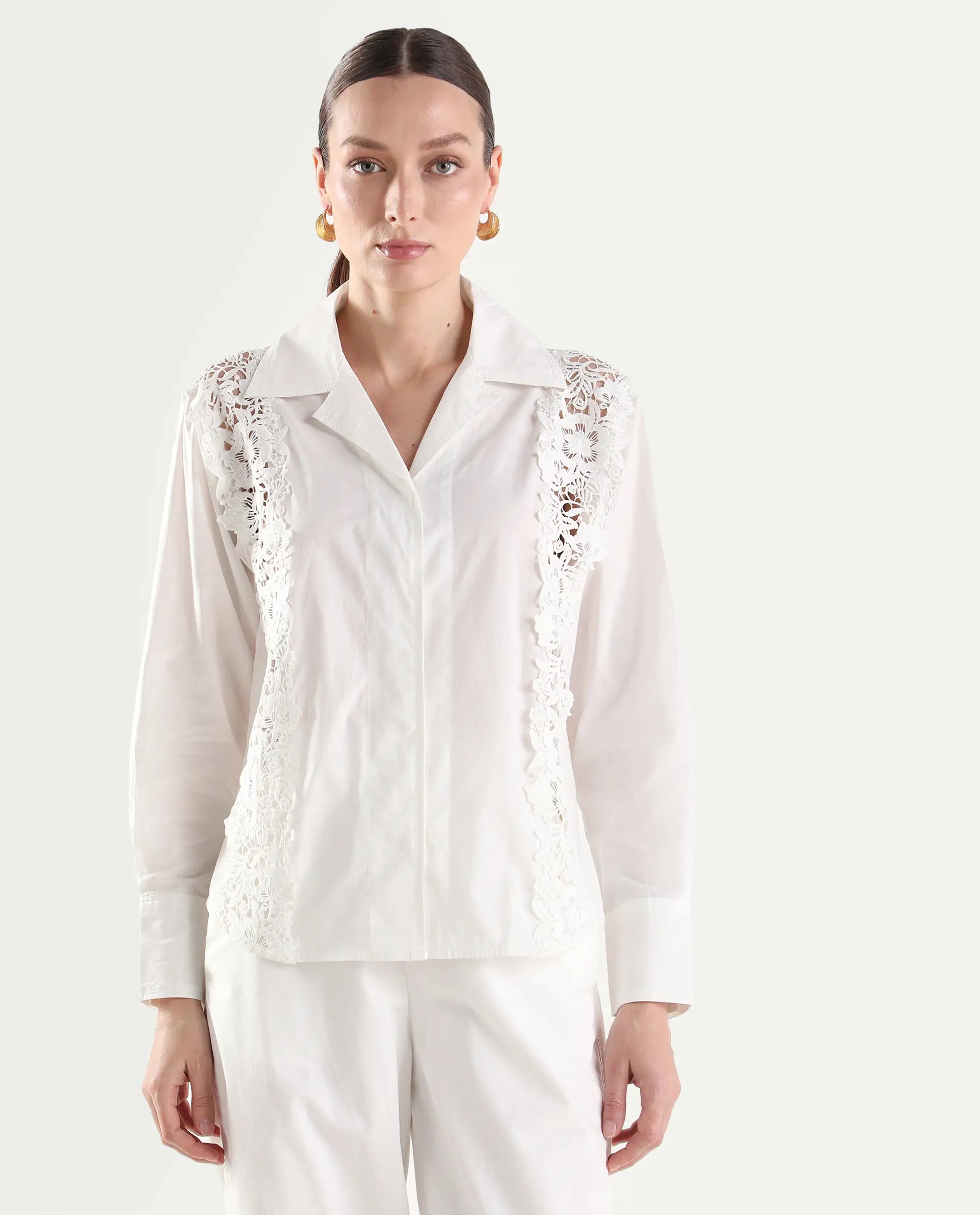 Rareism Women's Mysa-T Off White Cotton Full Sleeve Lapel Neck Relaxed Plain Shirt