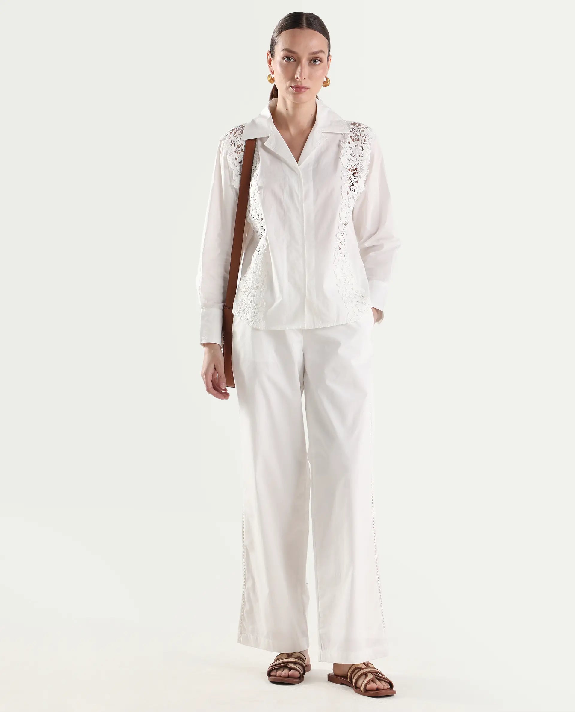 Rareism Women's Mysa-T Off White Cotton Full Sleeve Lapel Neck Relaxed Plain Shirt