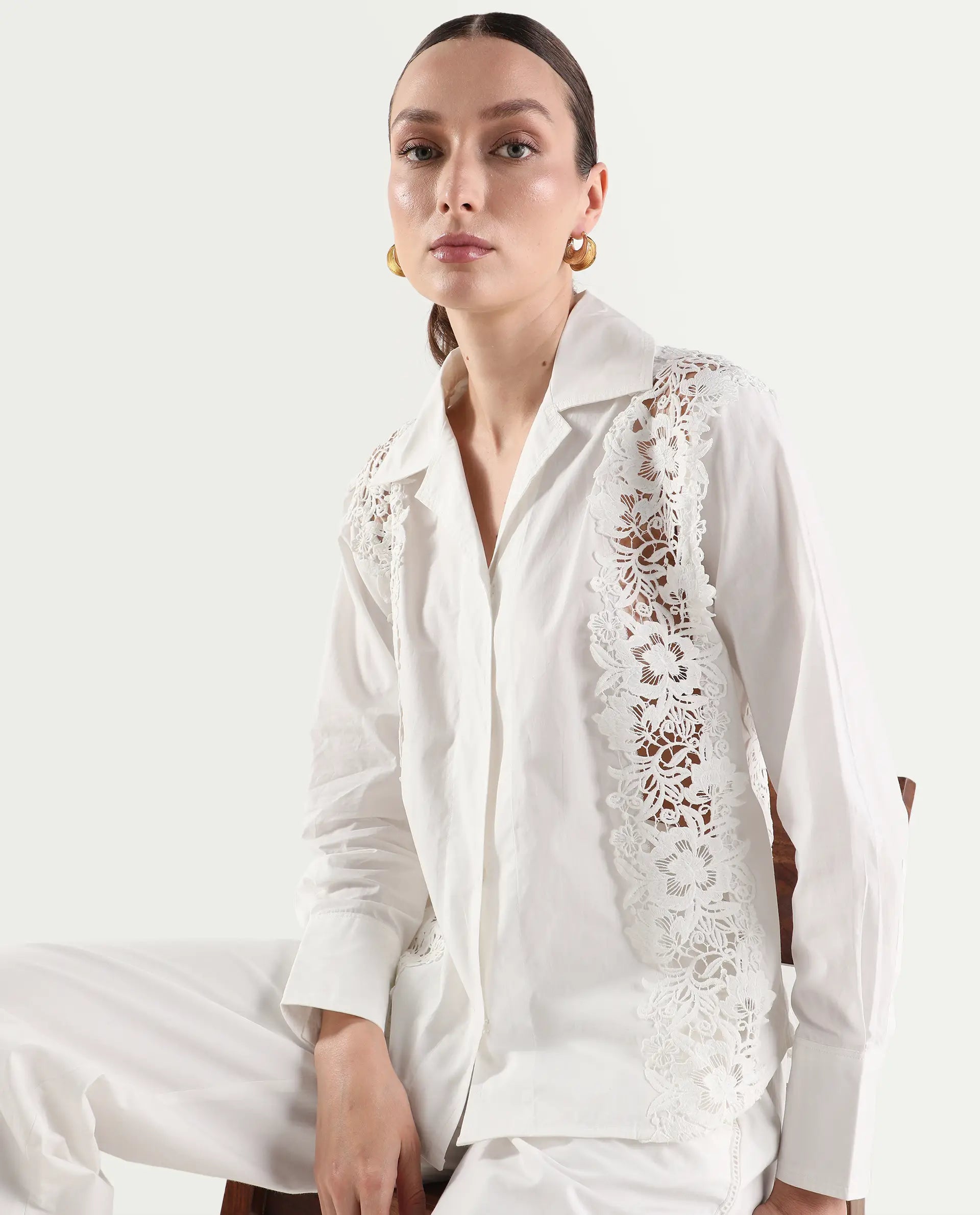 Rareism Women's Mysa-T Off White Cotton Full Sleeve Lapel Neck Relaxed Plain Shirt
