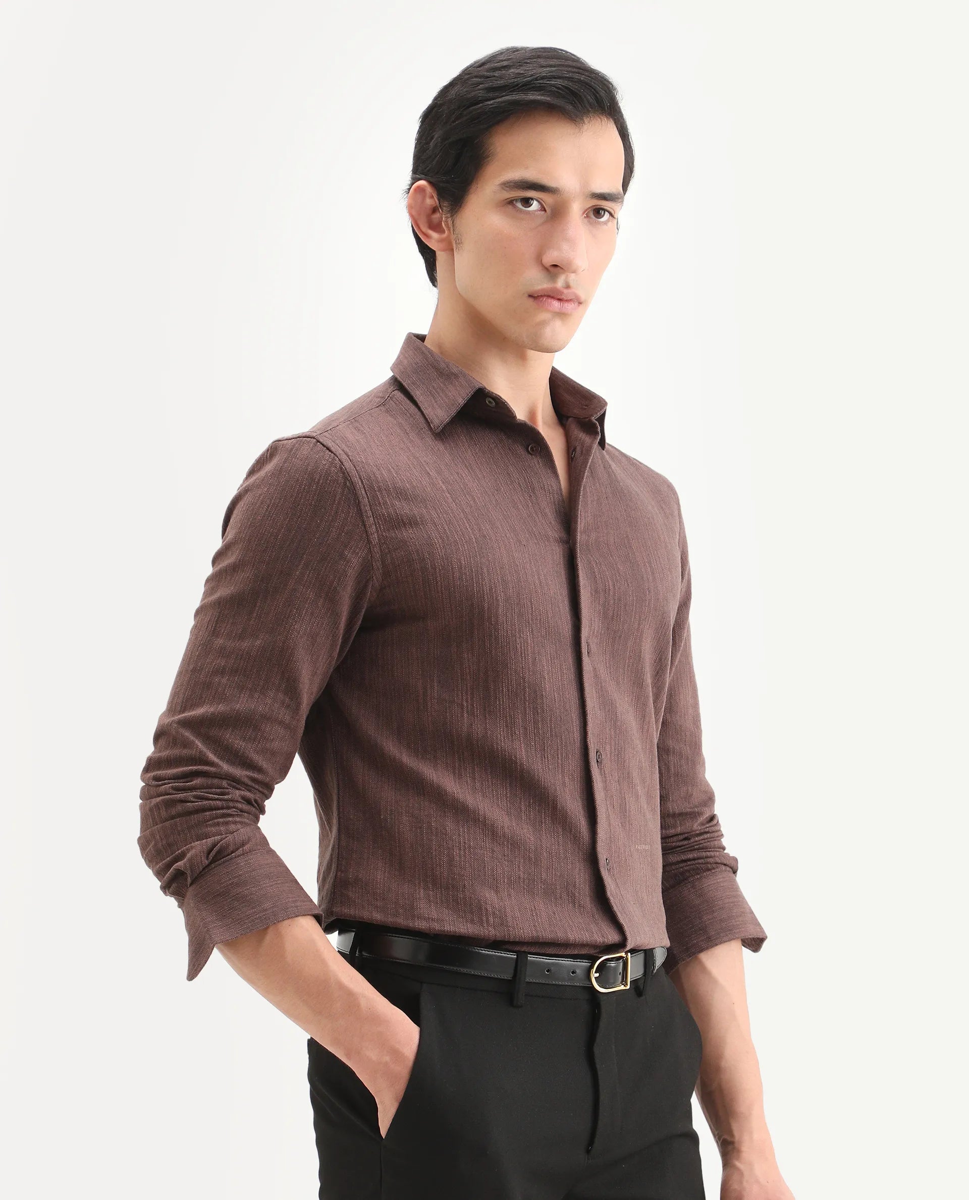 Rare Rabbit Men's Mysa Brown Cotton Fabric Spread Collar Regular Fit Textured Shirt
