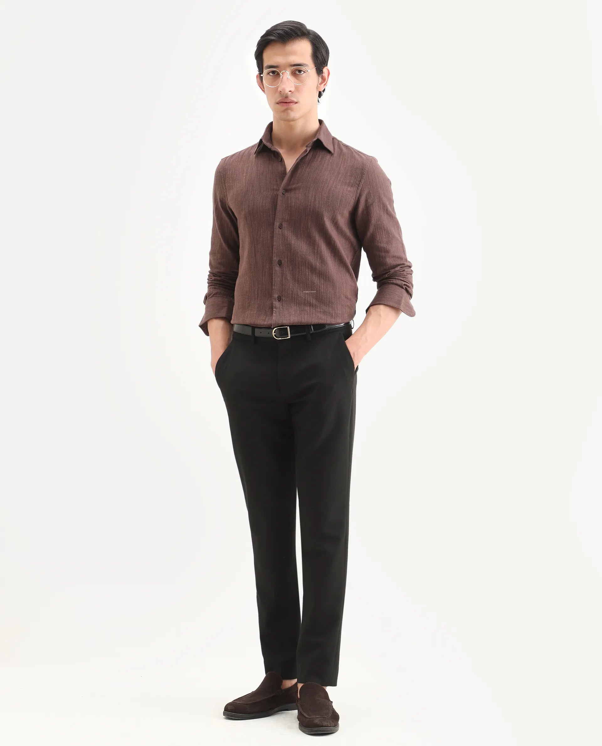 Rare Rabbit Men's Mysa Brown Cotton Fabric Spread Collar Regular Fit Textured Shirt