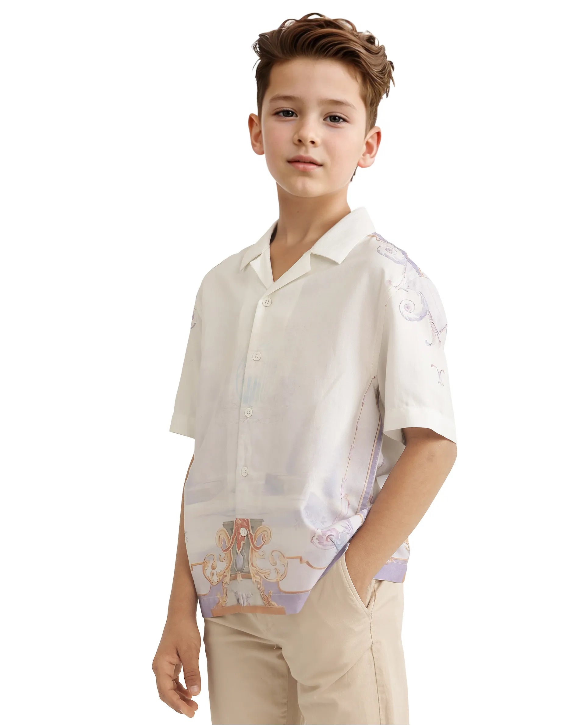 Rare Ones Kids Mysk Off White Viscose Blend Printed Button Closure Regular Fit Shirt