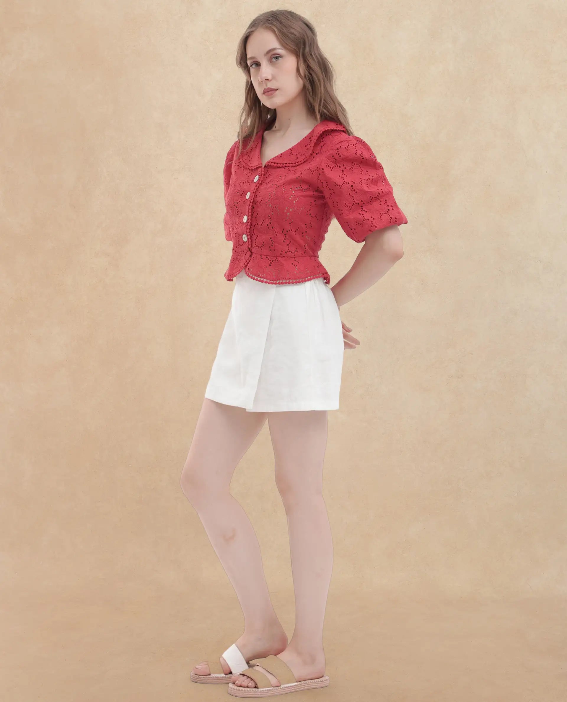 Rareism Women's Mysterio Pastel Pink Schiffli Sweetheart Neck Schiffli Balloon Sleeve Crop Regular Fit Top