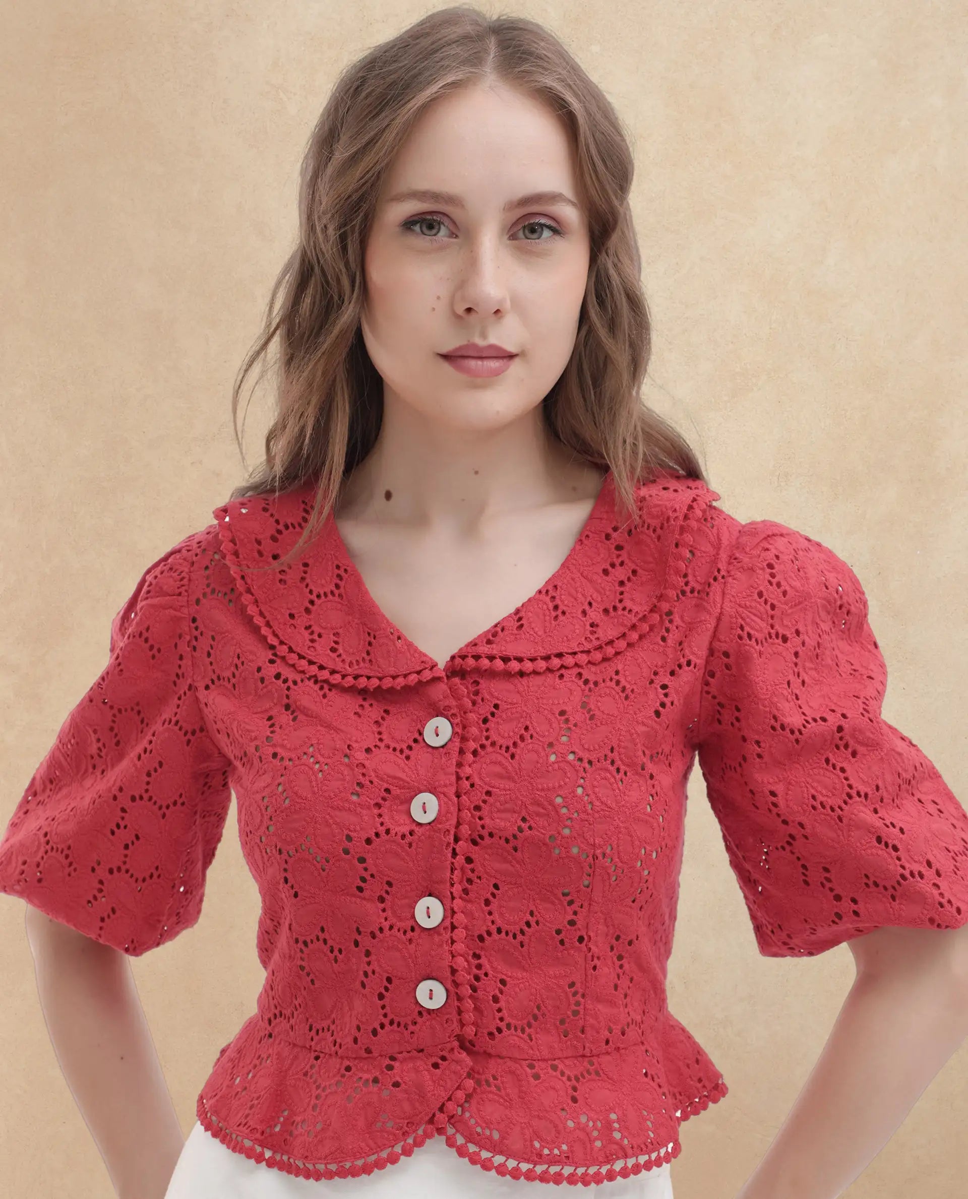 Rareism Women's Mysterio Pastel Pink Schiffli Sweetheart Neck Schiffli Balloon Sleeve Crop Regular Fit Top