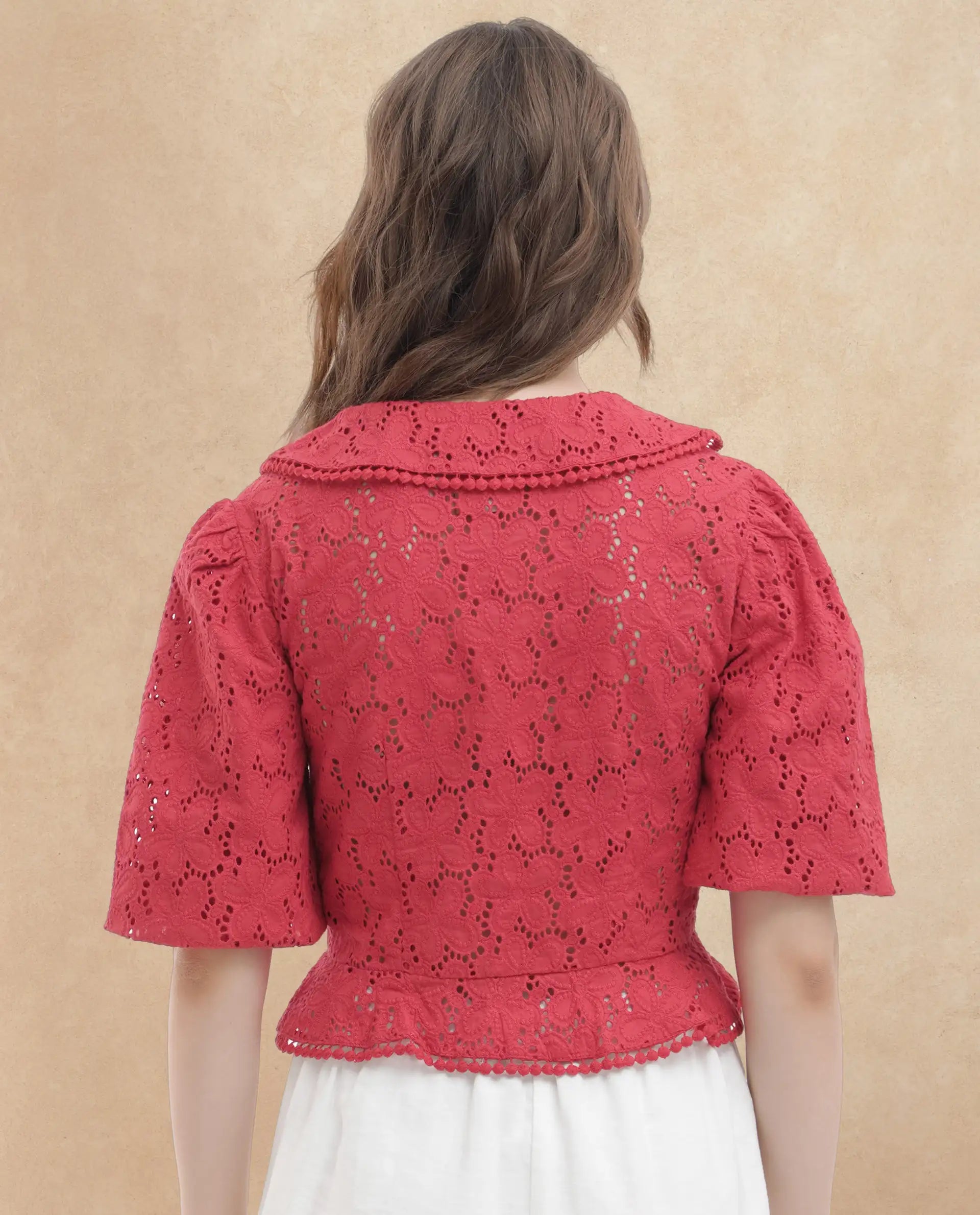 Rareism Women's Mysterio Pastel Pink Schiffli Sweetheart Neck Schiffli Balloon Sleeve Crop Regular Fit Top