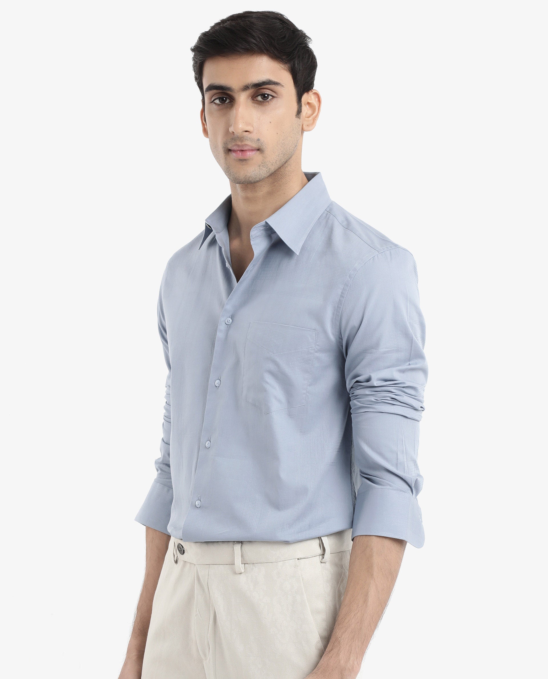 Rare Rabbit Men's Myte Light Blue Cotton Fabric Full Sleeve Regular Fit Self Check Dobby Shirt