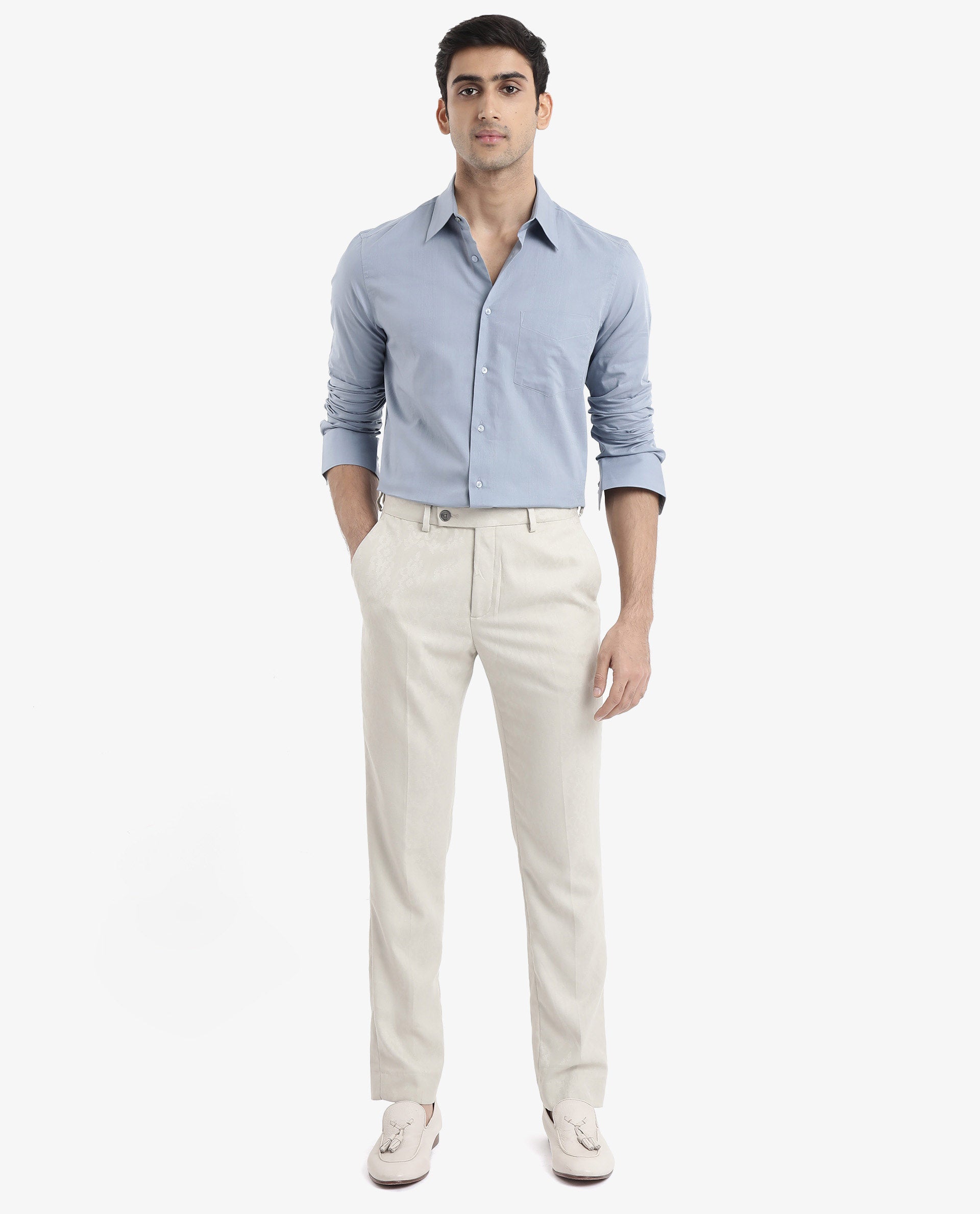 Rare Rabbit Men's Myte Light Blue Cotton Fabric Full Sleeve Regular Fit Self Check Dobby Shirt