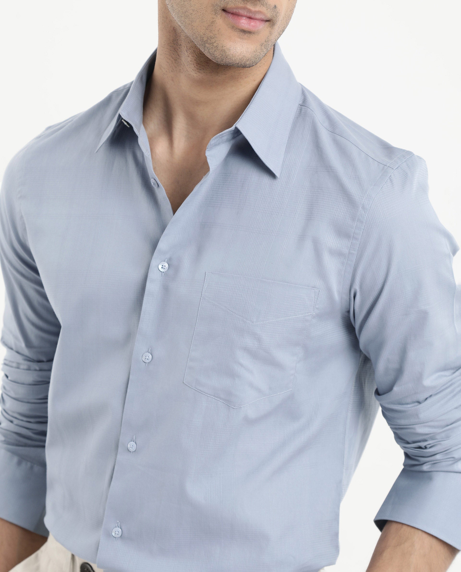 Rare Rabbit Men's Myte Light Blue Cotton Fabric Full Sleeve Regular Fit Self Check Dobby Shirt