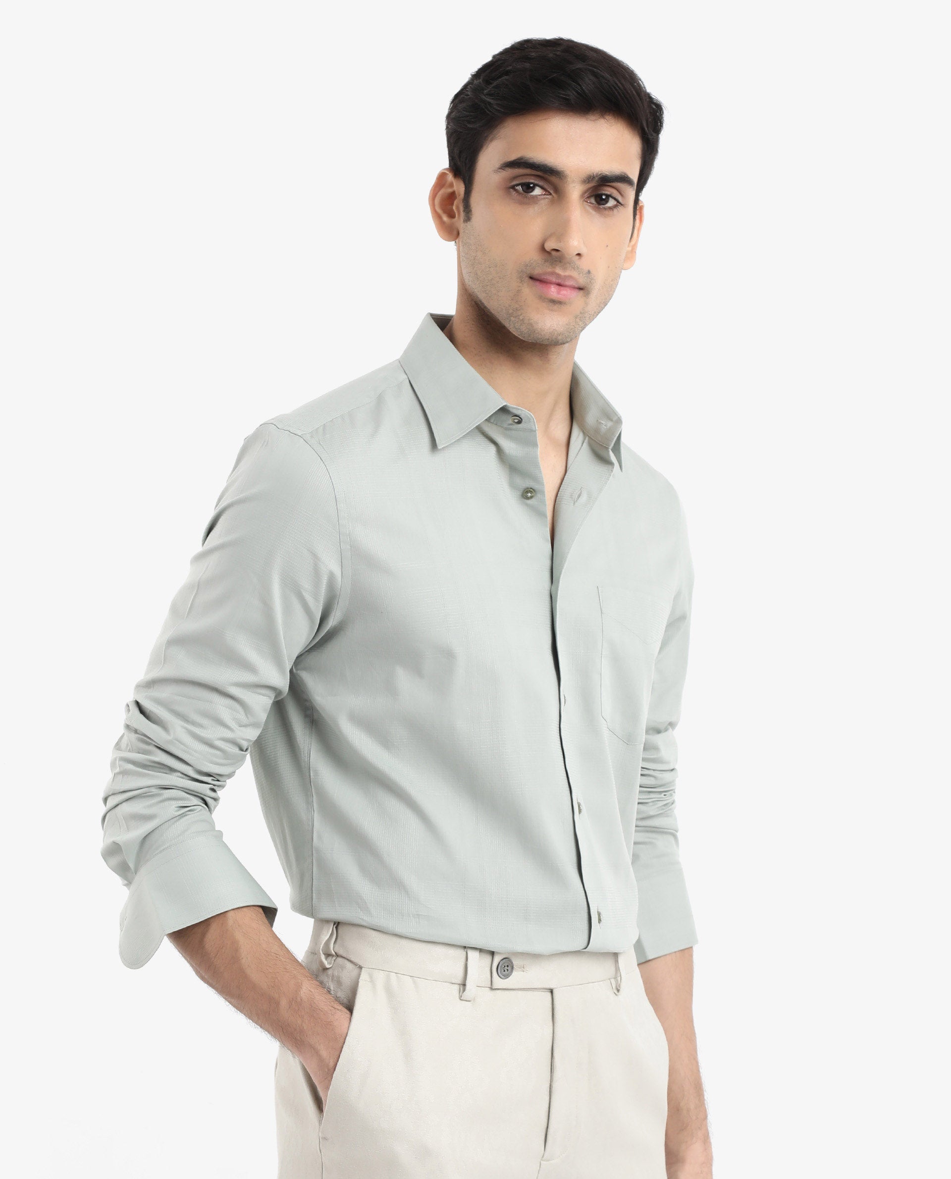 Rare Rabbit Men's Myte Green Cotton Fabric Full Sleeve Regular Fit Self Check Dobby Shirt