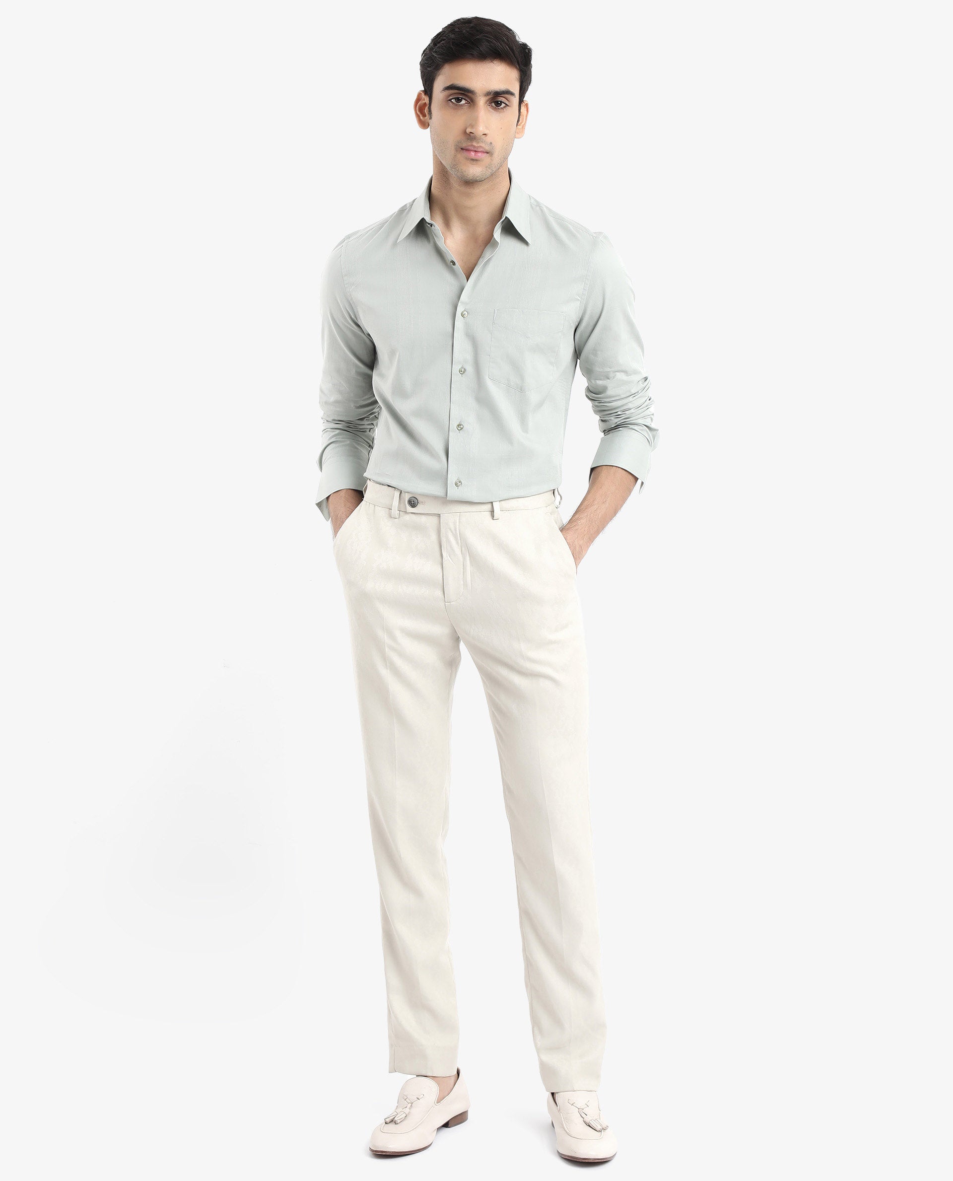 Rare Rabbit Men's Myte Green Cotton Fabric Full Sleeve Regular Fit Self Check Dobby Shirt